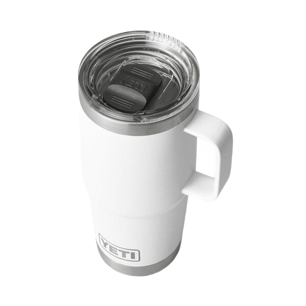 White insulated 20 oz. travel mug with handle and clear Stronghold lid, durable kitchen and drinkware collection