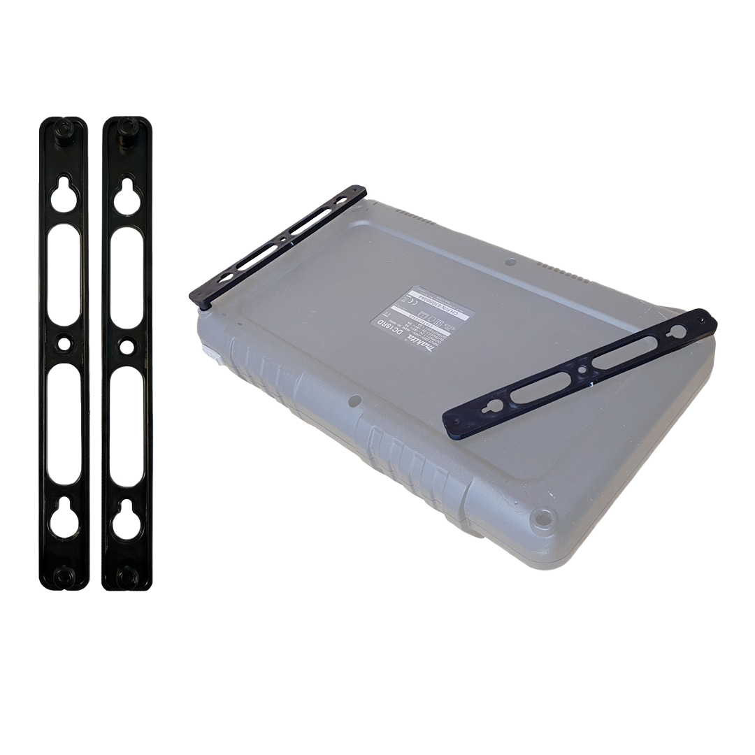 Two black metal mounts designed for organizing Makita chargers in tool storage and workshop organization collections