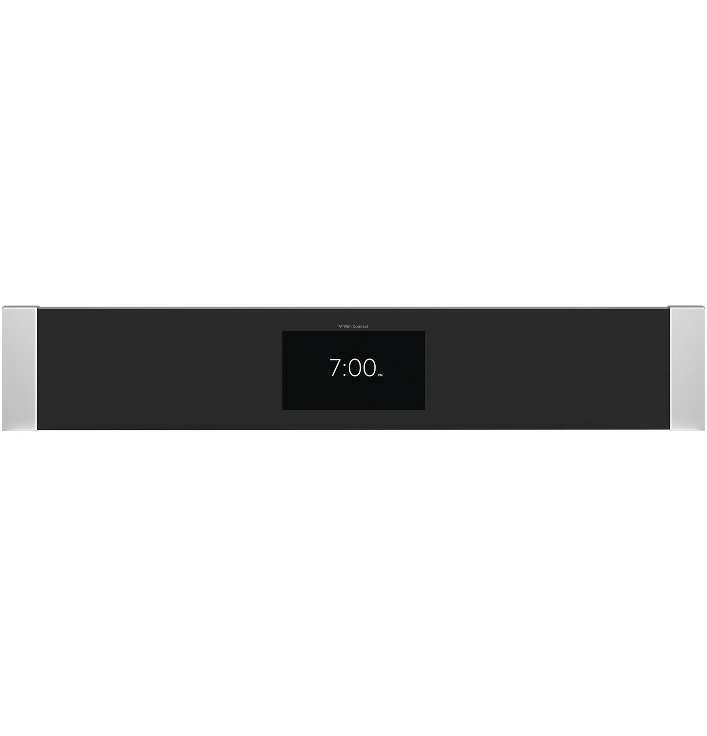 Close-up of digital clock display on black control panel of built-in kitchen appliance in wall ovens collection