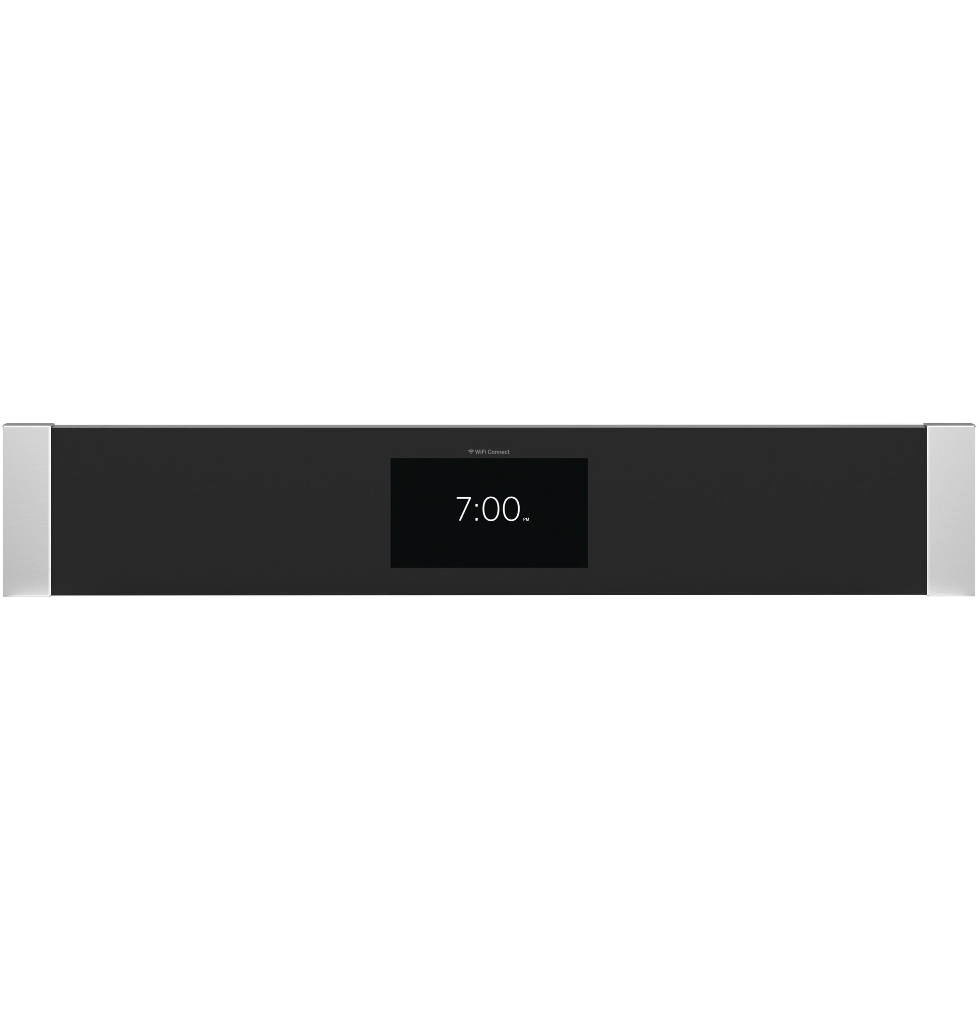 Close-up of digital clock display on black control panel of built-in kitchen appliance in wall ovens collection
