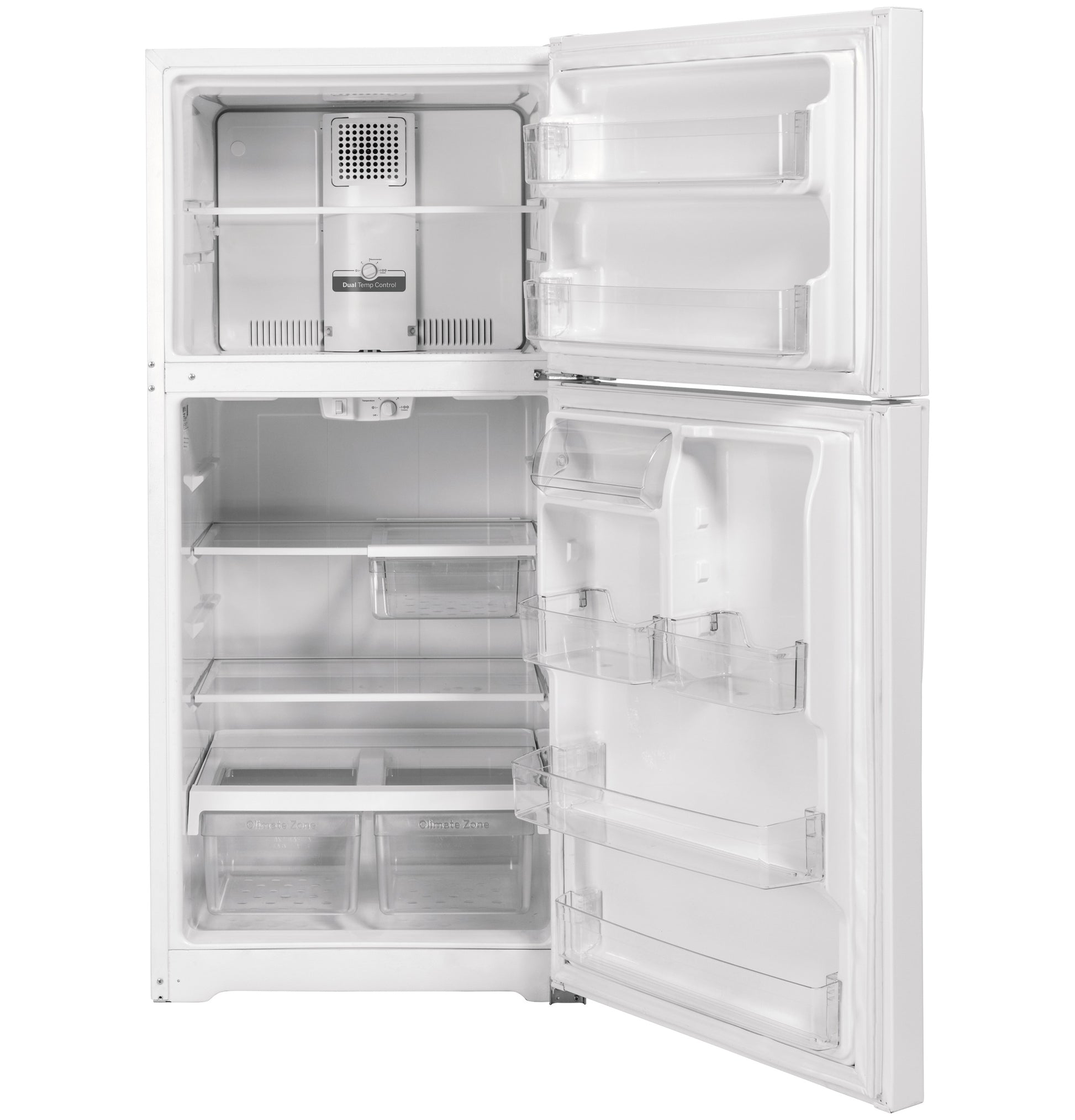 Open white top freezer refrigerator showing spacious interior with adjustable shelves and clear door bins in appliances collection