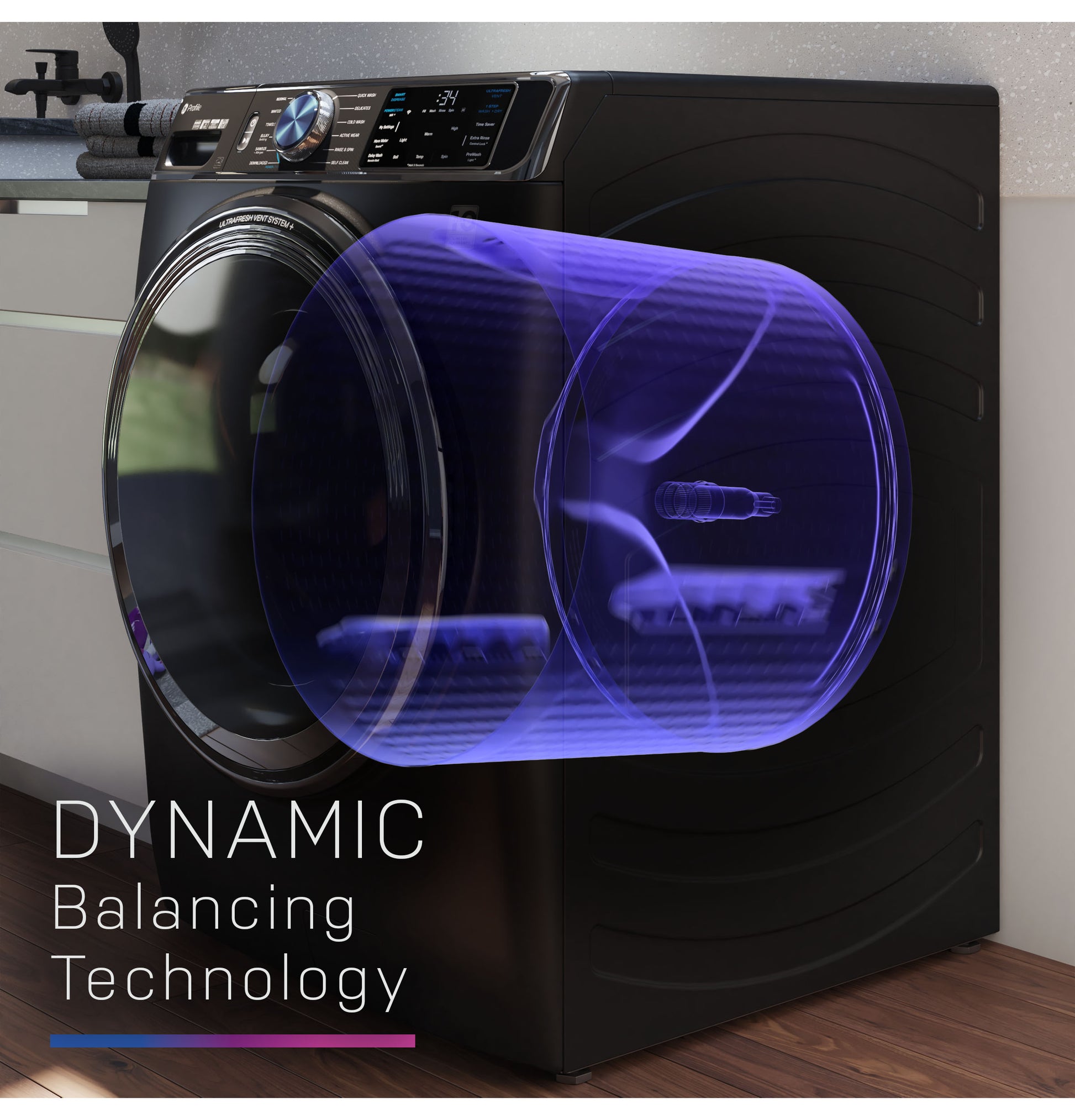 Black smart front load washer with digital display panel and graphic overlay illustrating dynamic balancing technology in appliances collection