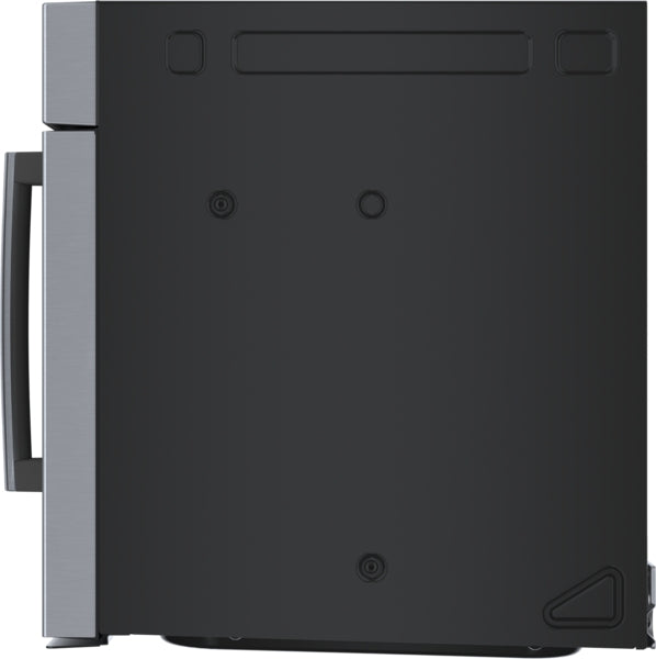 Side view of stainless steel over-the-range microwave with left side handle in Bosch kitchen appliances collection