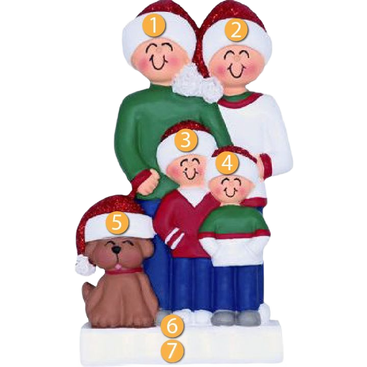 Personalized family of four figurine with brown dog wearing Santa hats for Christmas Ornaments & Tree Decorations under $50 collection