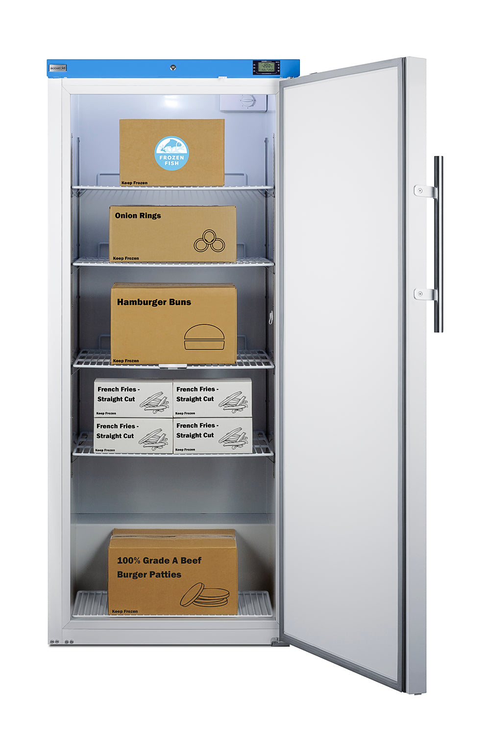 White commercial upright freezer with blue top panel and vertical handle storing packaged frozen foods from Freezers & Ice Makers collection