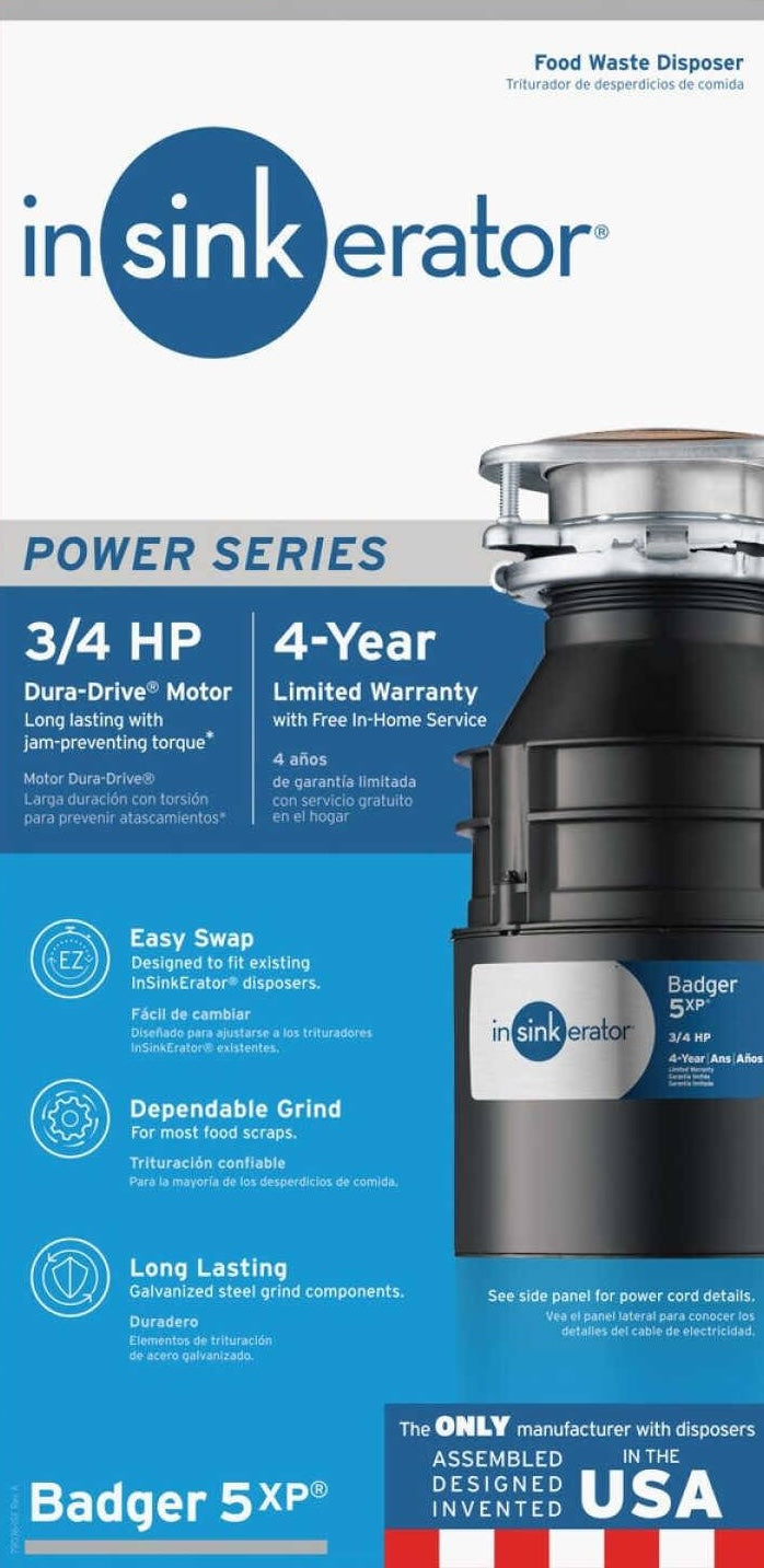 Black and silver 3/4 horsepower food waste disposer with durable galvanized steel grind components for home improvement tasks