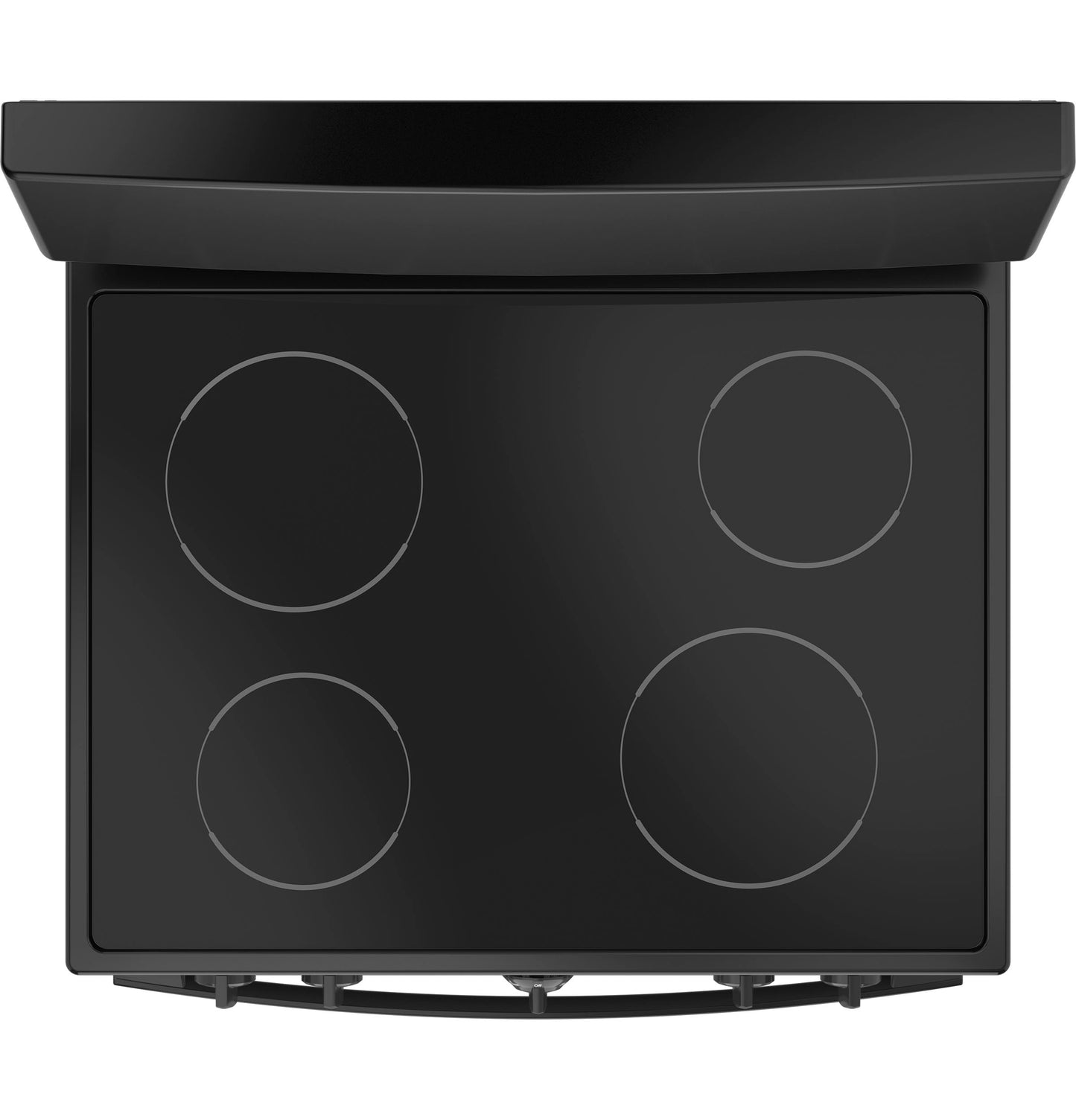 Top view of smooth black radiant cooktop range with four burners in kitchen and appliance collections