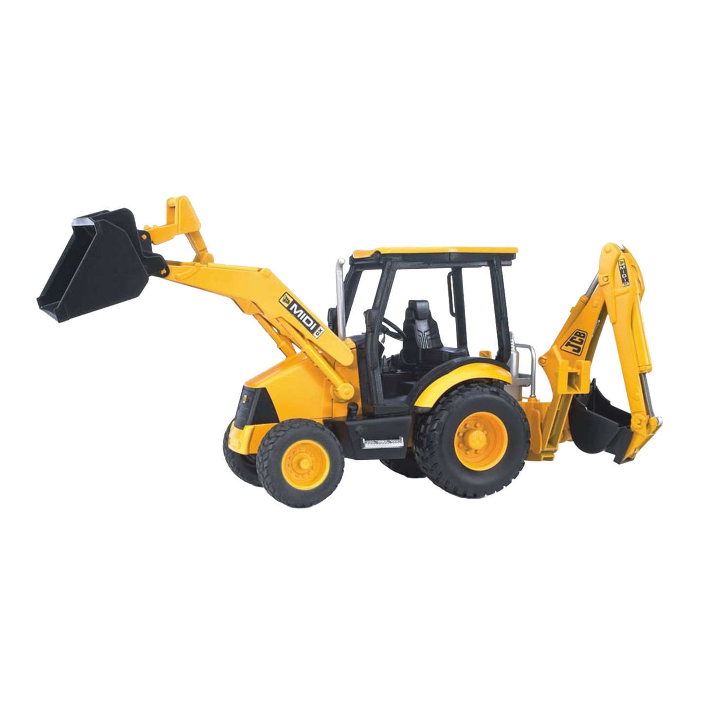 Yellow and black toy backhoe loader with front bucket and rear digging arm in Bruder Toys Vehicles & Remote Controlled Toys collection