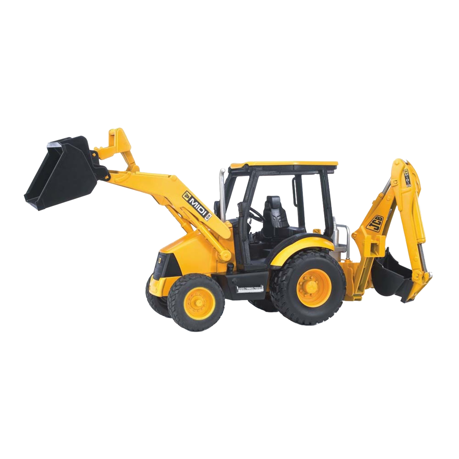 Yellow and black toy backhoe loader with front bucket and rear digging arm in Bruder Toys Vehicles & Remote Controlled Toys collection
