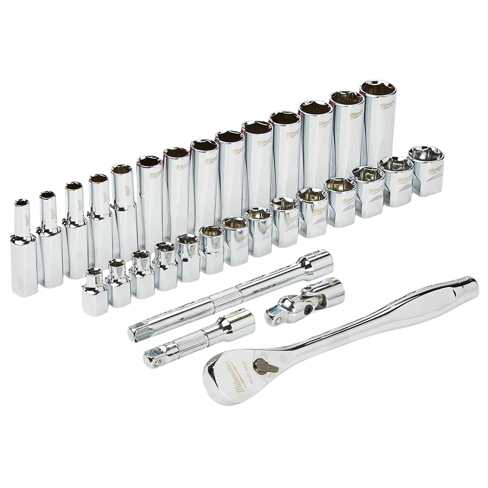 Chrome finished metric socket set with ratchet and extensions for hand tools and woodworking collections