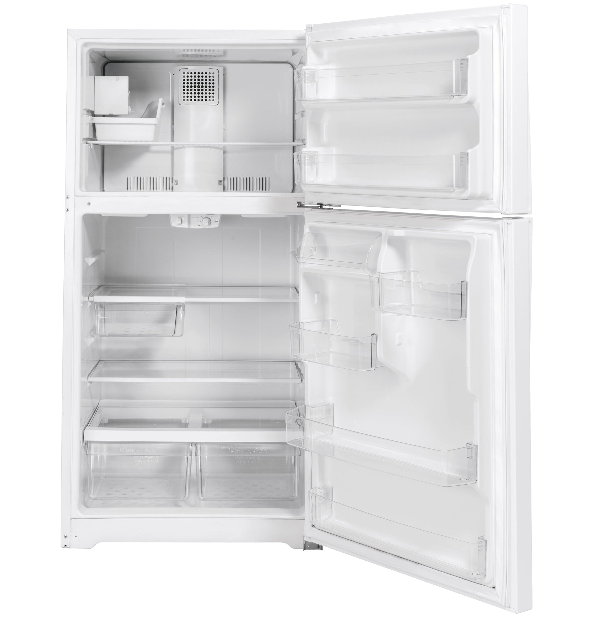 Open white top freezer refrigerator showcasing clear shelving and crisp interior in Appliances and Kitchen & Kitchenware collections