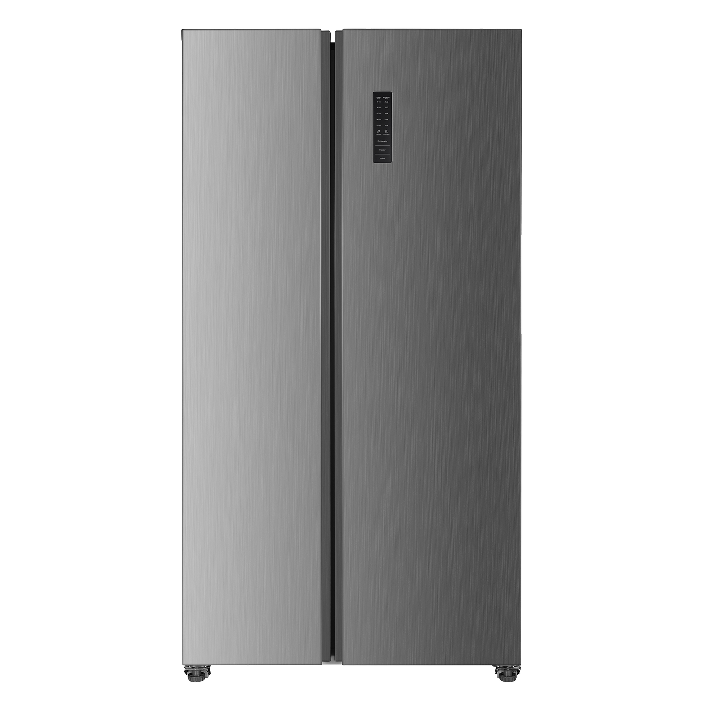 Stainless steel side-by-side refrigerator with sleek counter-depth design and digital control panel, part of kitchen appliances and home improvement collections.