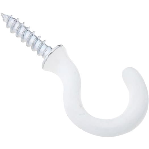White vinyl-coated cup hook with threaded screw end for secure hanging in home improvement projects