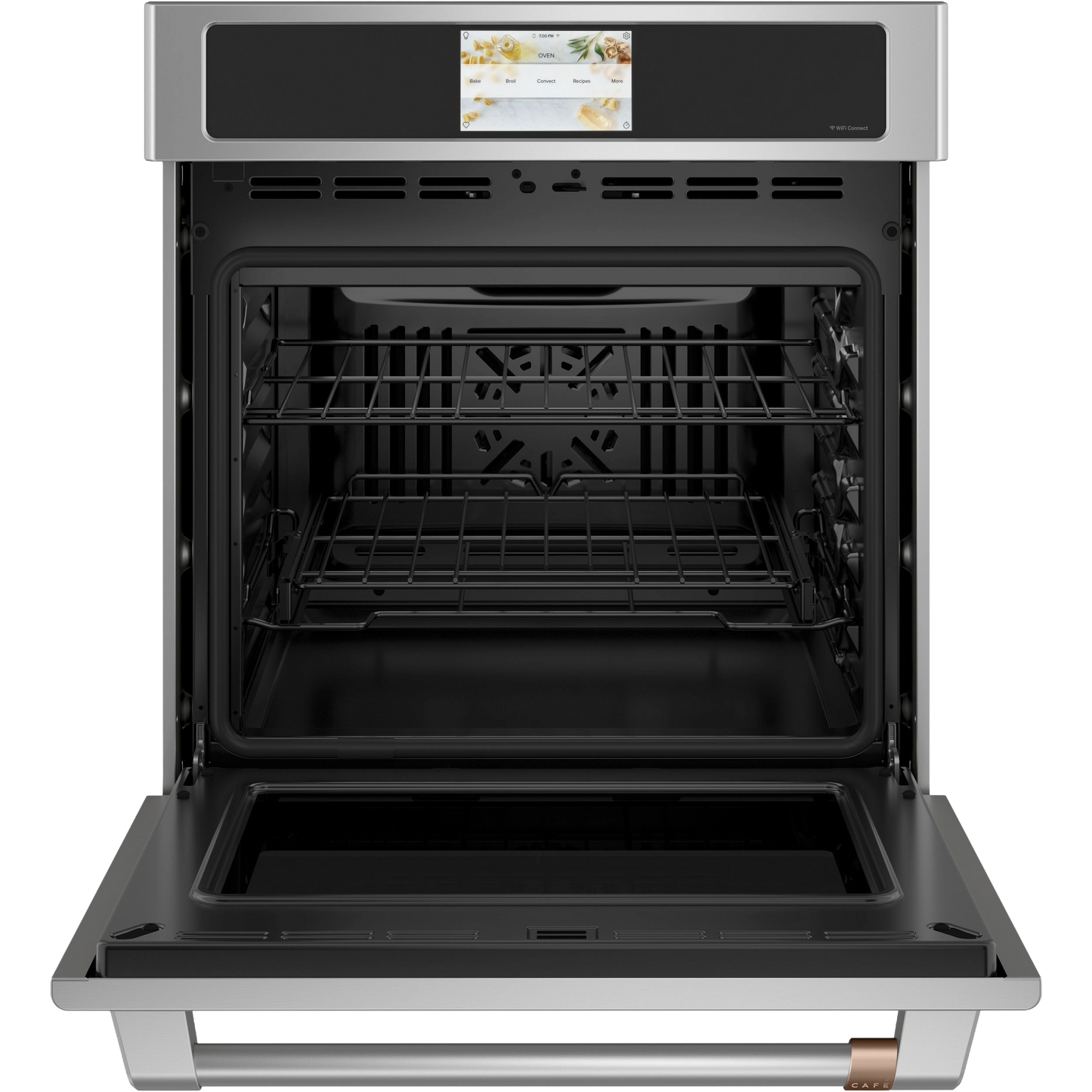 Open stainless steel smart wall oven with convection, digital control panel, and adjustable racks in kitchen appliances collection
