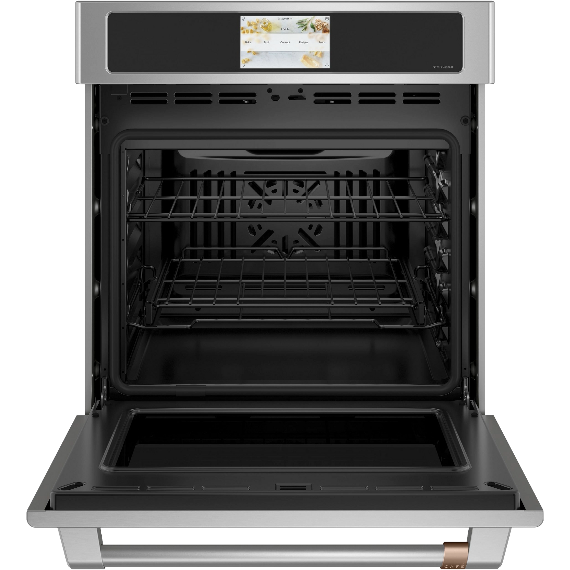 Open stainless steel smart wall oven with convection, digital control panel, and adjustable racks in kitchen appliances collection