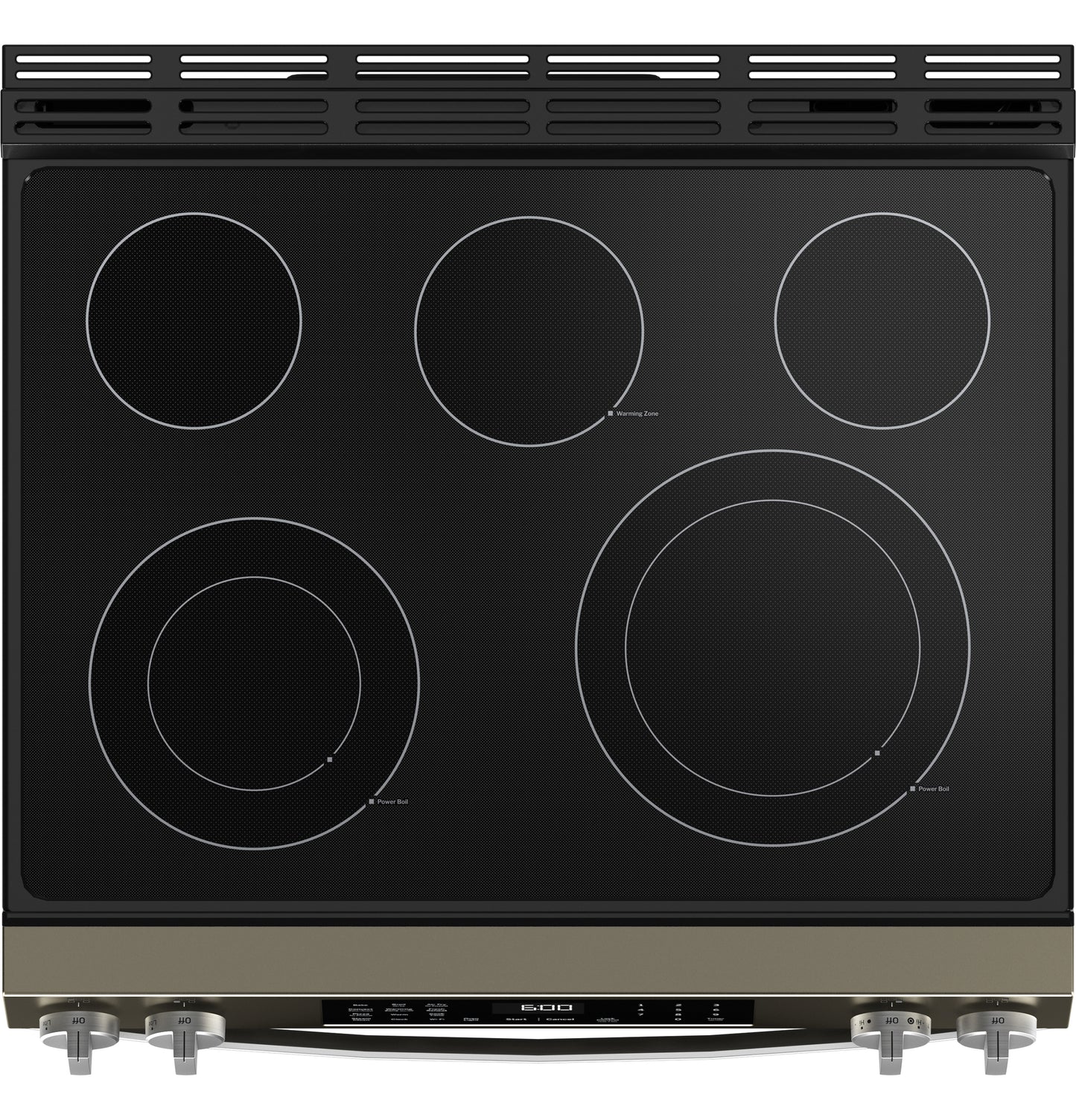 Top view of a black slide-in electric range with five ceramic glass cooking elements and control knobs in kitchen appliances collection