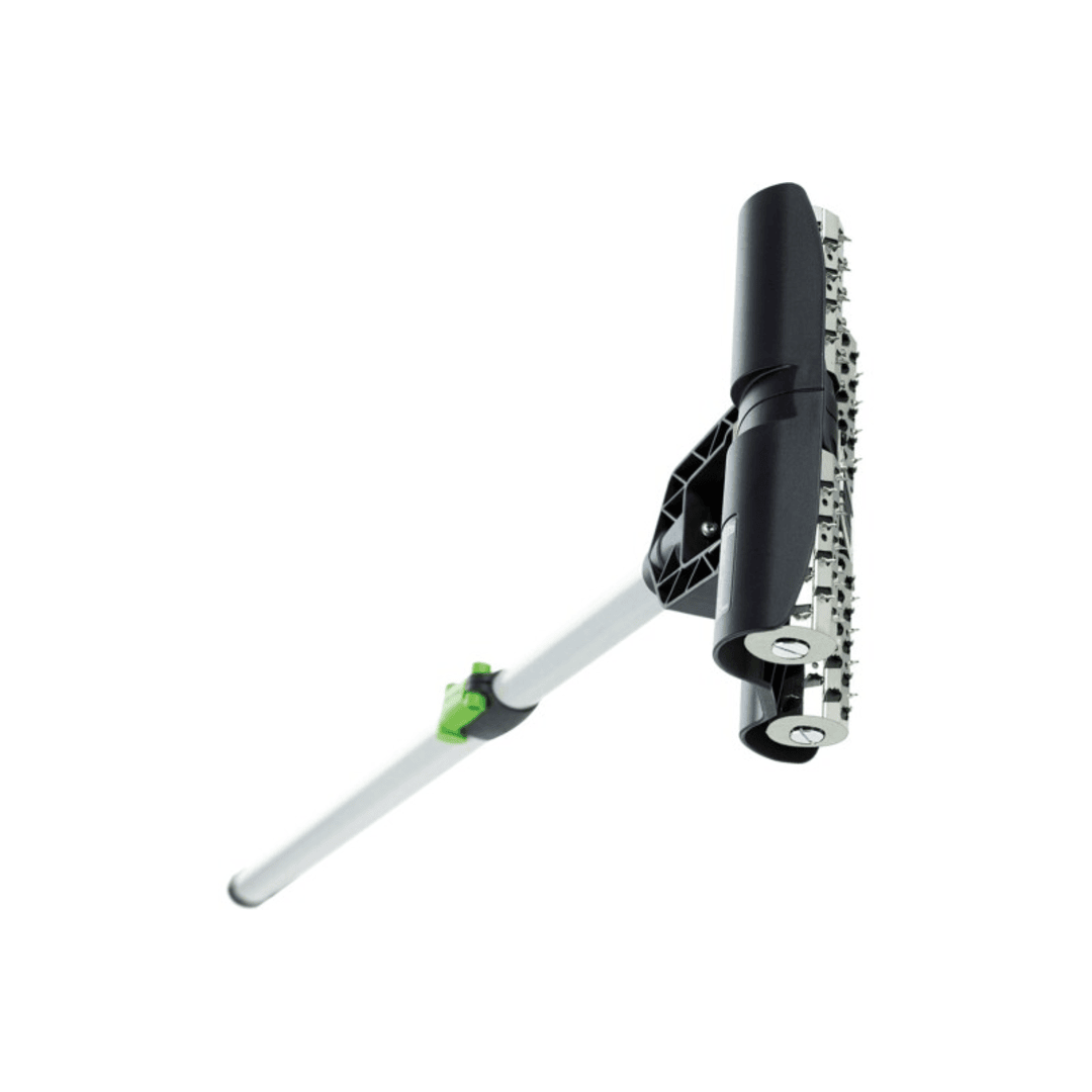 Drywall sanding and wallpaper perforating tool with extended handle for easier surface preparation in power tool accessories.