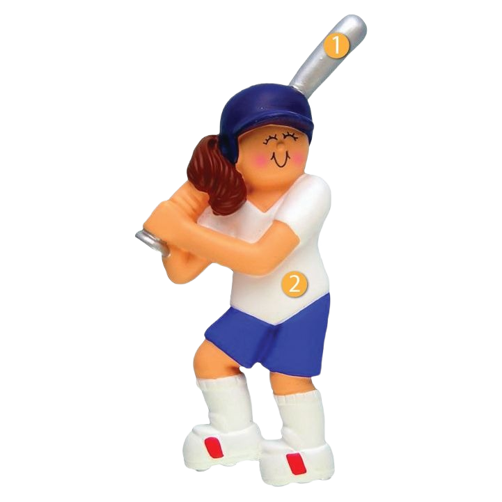 Brunette female softball player ornament in blue helmet and shorts holding bat from Christmas Ornaments & Tree Decorations collection
