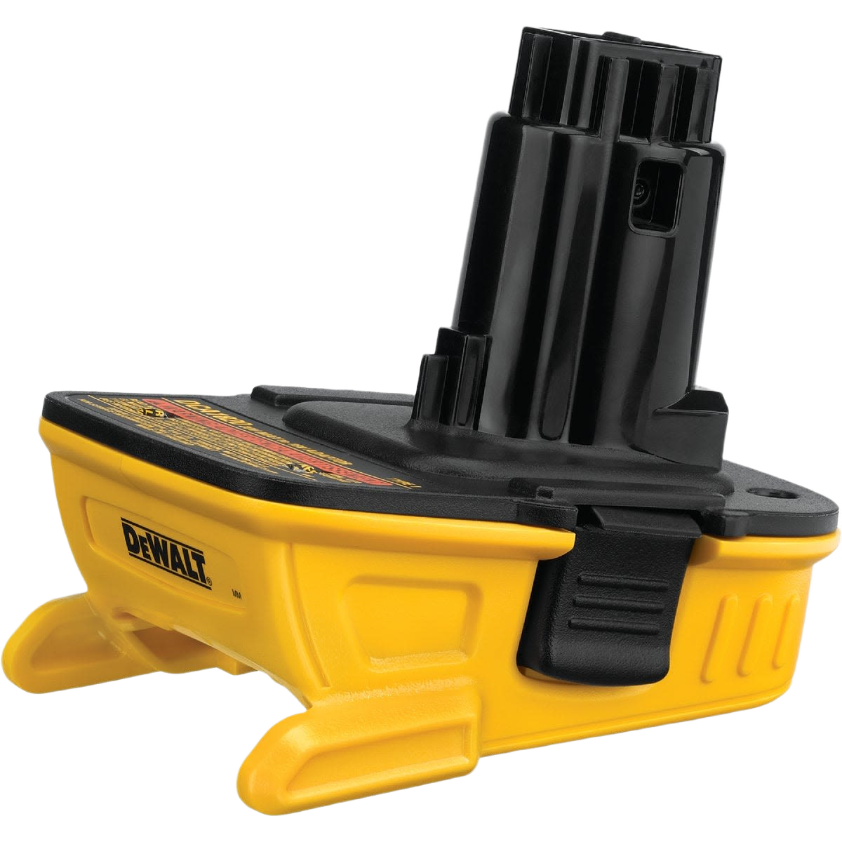 Yellow and black DEWALT power tool adapter for connecting 18V to 20V MAX batteries in home improvement tools
