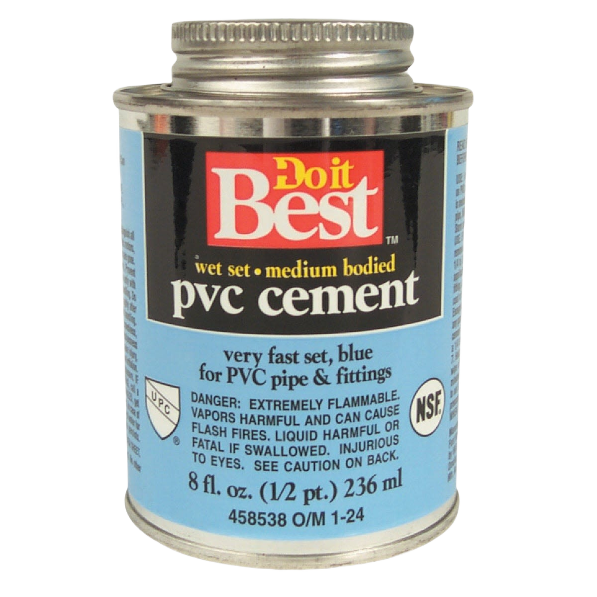 8 oz can of blue medium-bodied PVC cement for plumbing pipes and fittings in plumbing accessories collection
