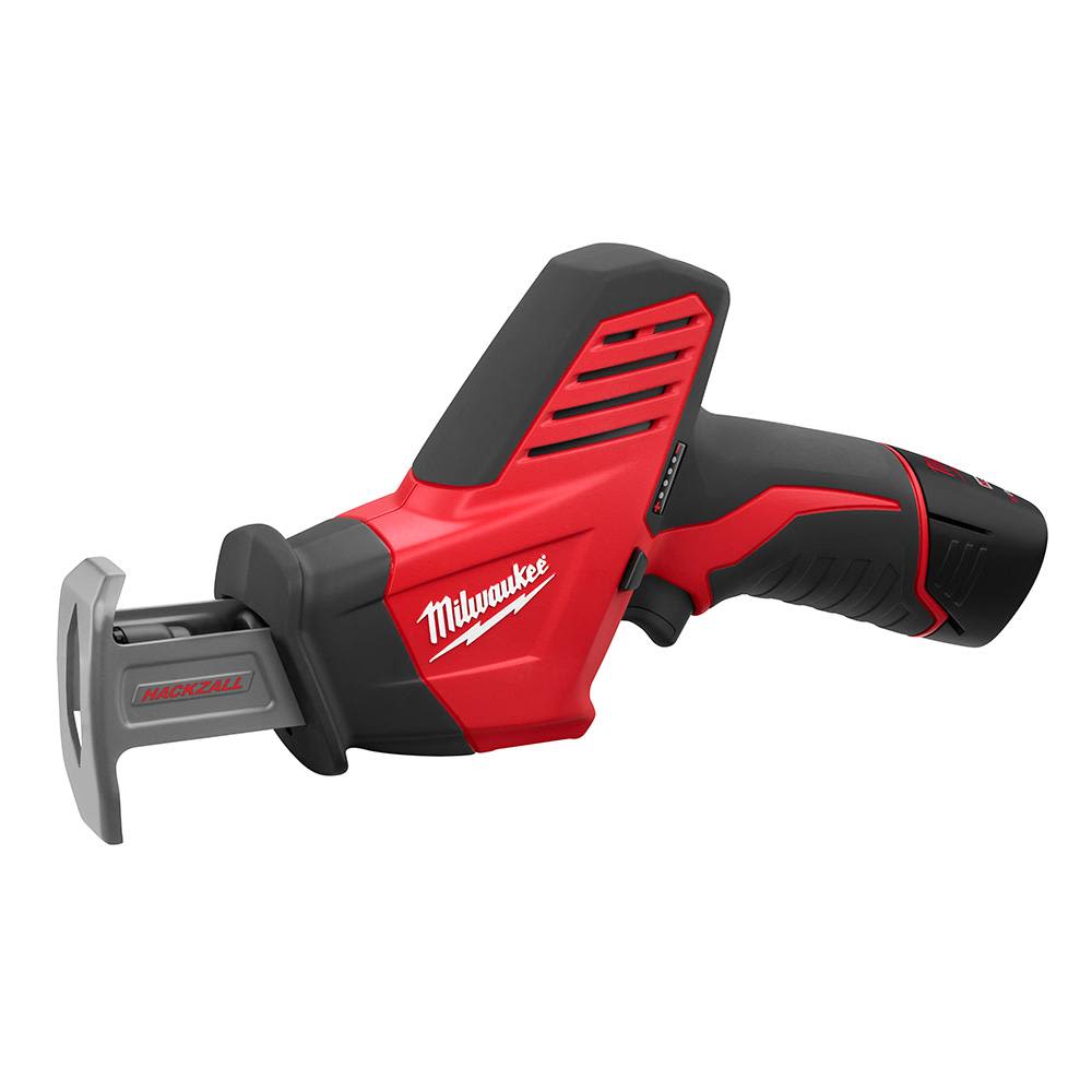 Cordless red and black compact reciprocating saw with ergonomic grip for versatile woodworking and home improvement tasks