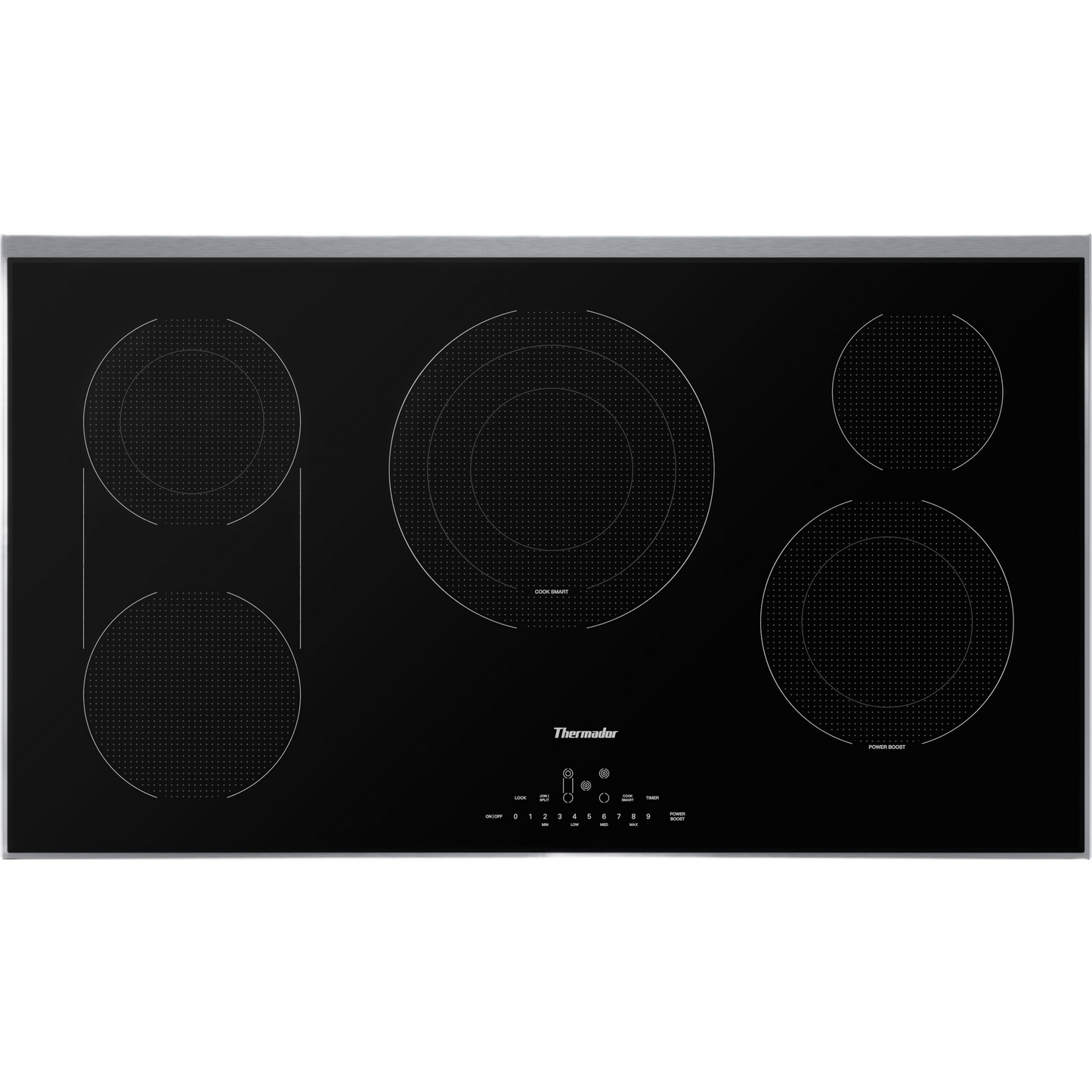 Black electric cooktop with five cooking zones and touch controls in modern kitchen appliances collection