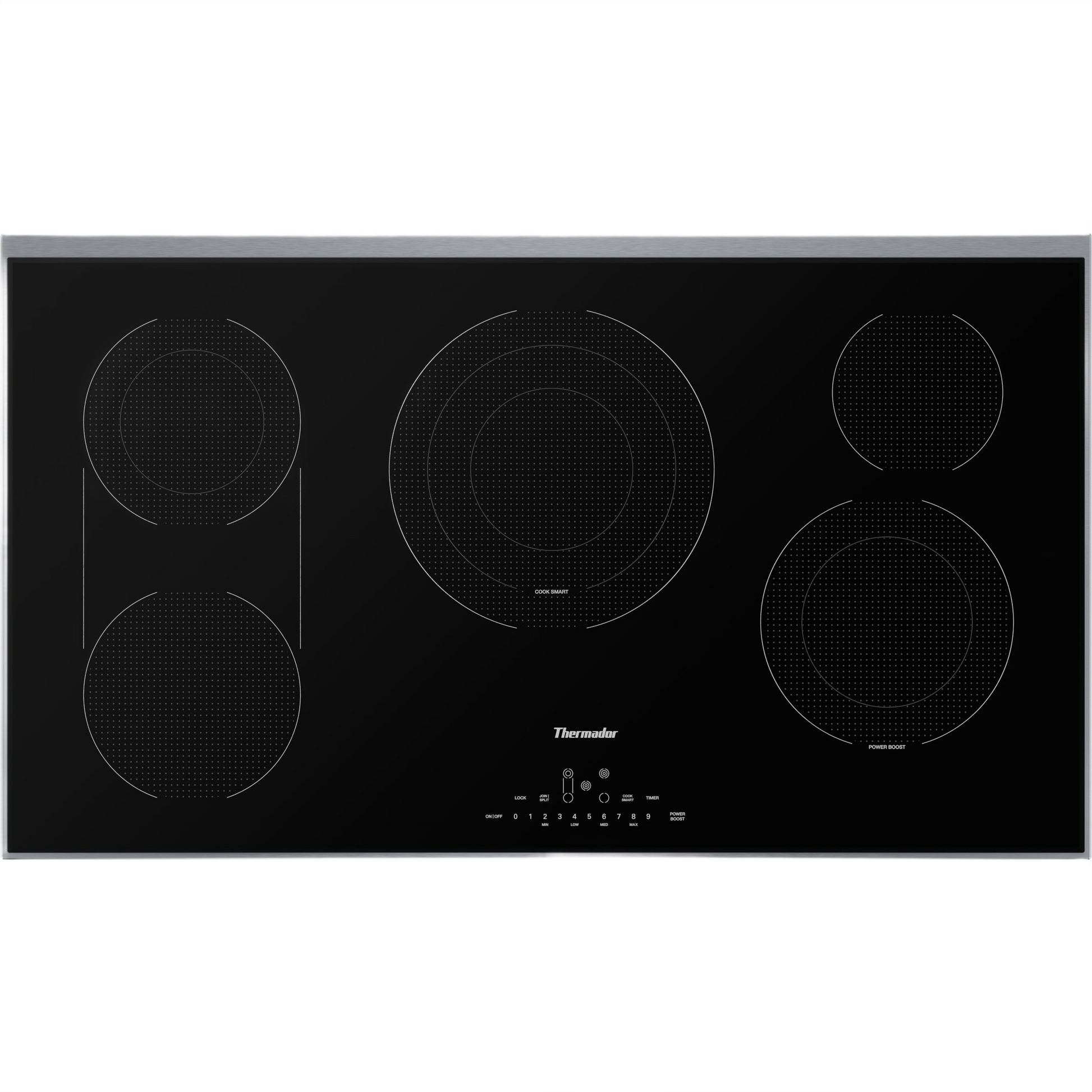 Black electric cooktop with five cooking zones and touch controls in modern kitchen appliances collection