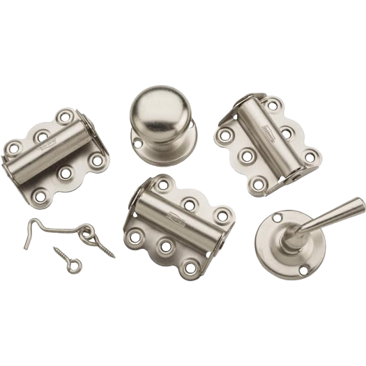Satin nickel screen door hardware kit with three hinges, door knob, door pull, and installation pins for door accessories and hardware