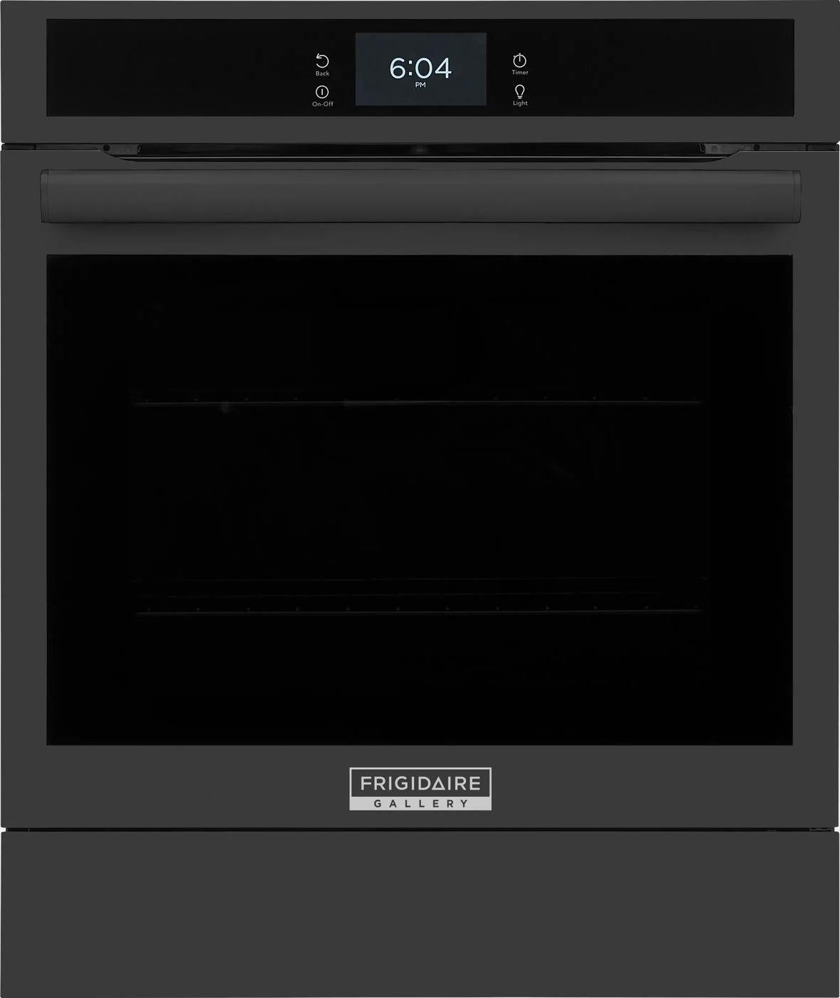 Black single electric wall oven with digital clock display and stainless steel handle in kitchen appliances collection