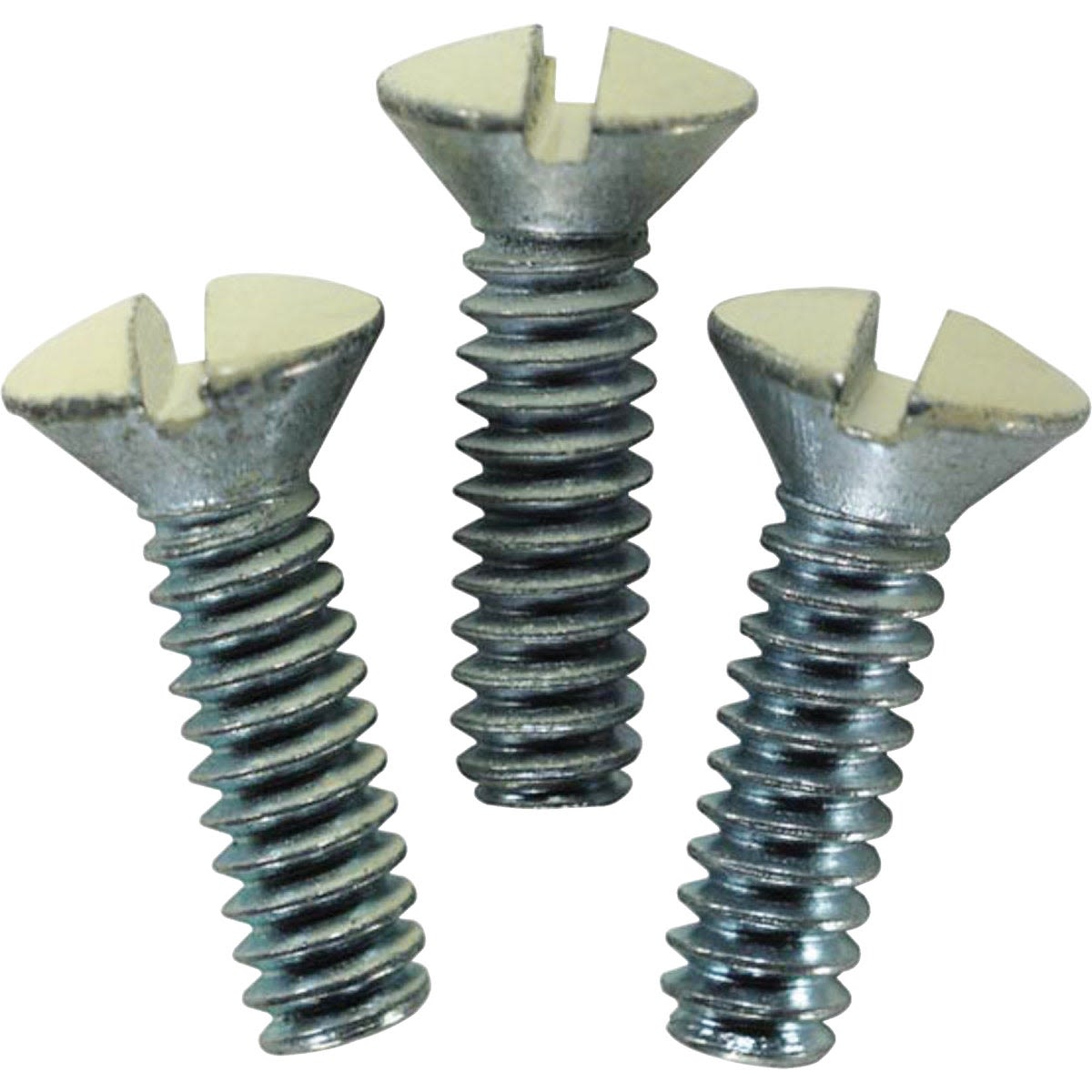 Three metal screws with slotted flat heads suitable for wall plate installation in home improvement projects