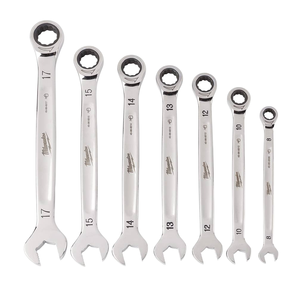 Set of seven polished metric wrenches with ratcheting box ends for tools and home improvement tasks