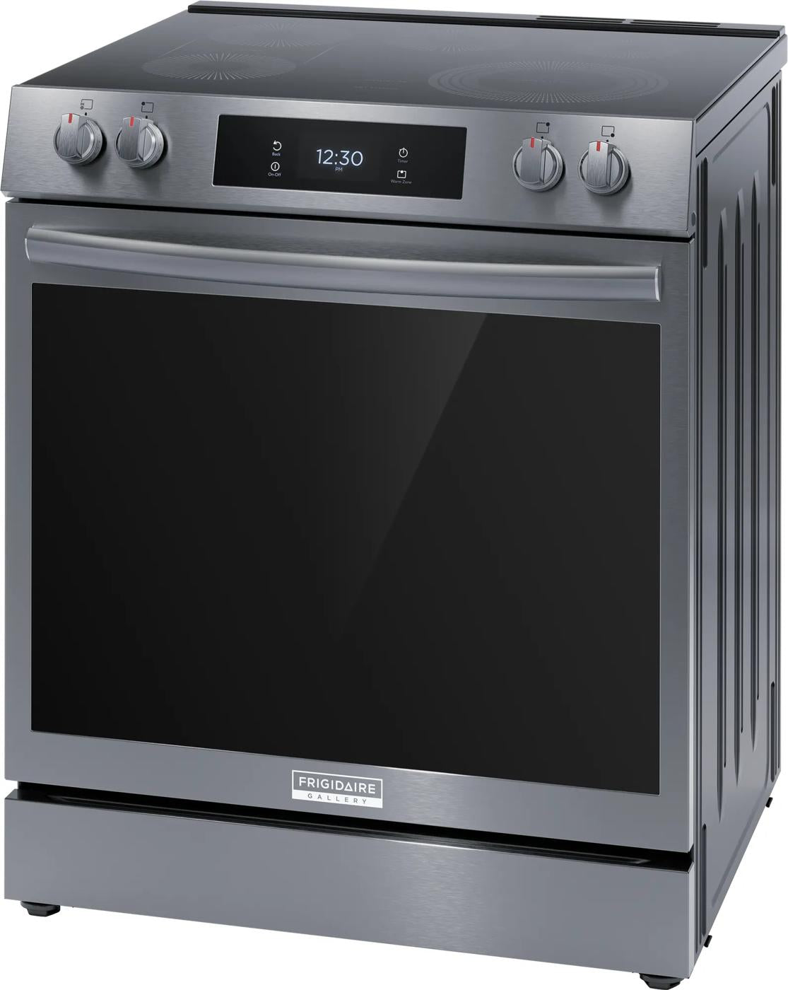 Stainless steel front control electric range with smooth cooktop and digital display in kitchen and appliances collection