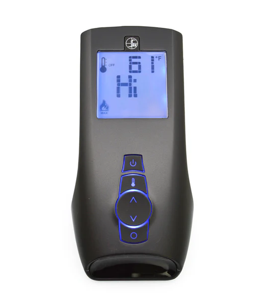 Compact black remote control with illuminated screen showing temperature settings for home improvement use