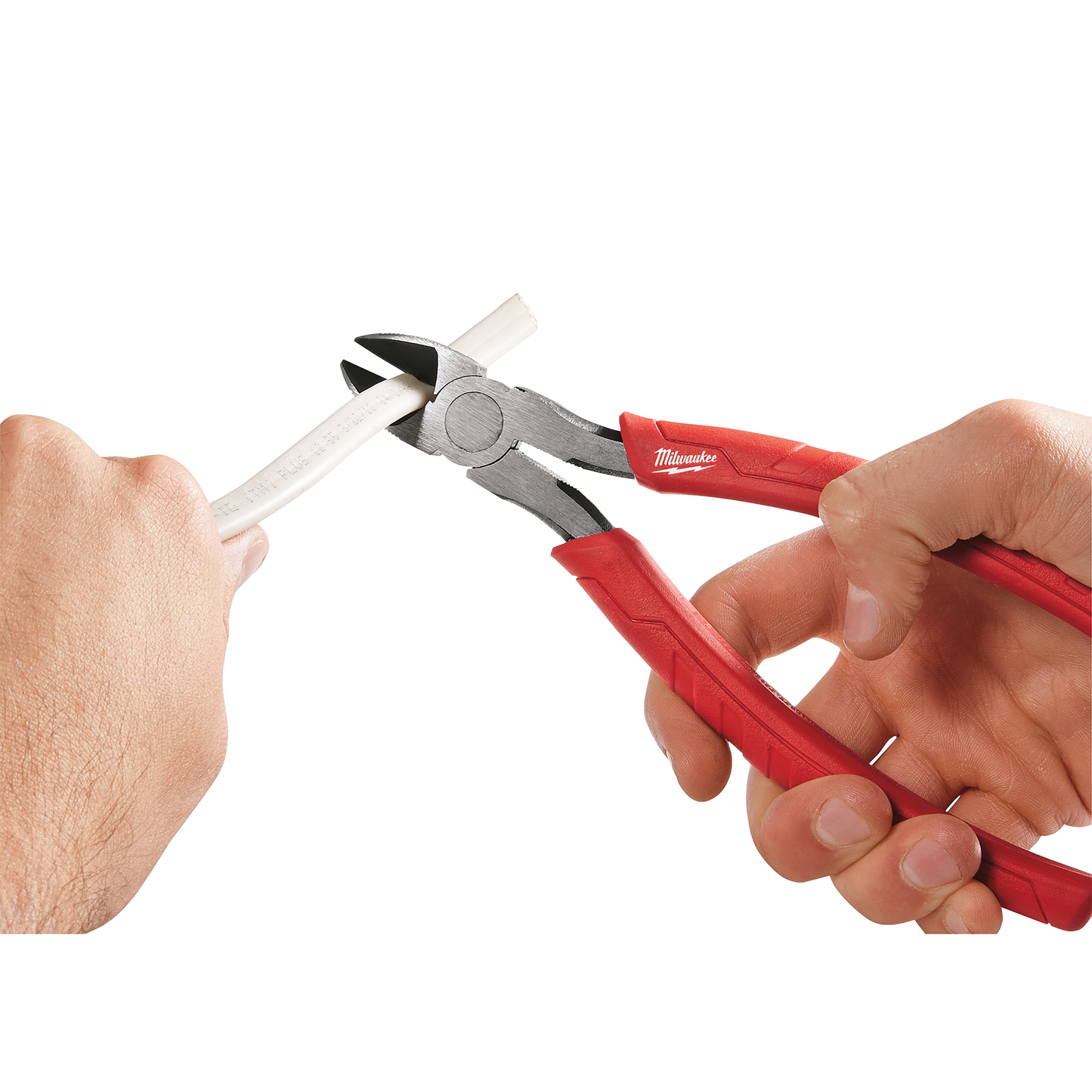 Red-handled diagonal cutting pliers cutting a white wire, demonstrating precision in tools for home improvement tasks