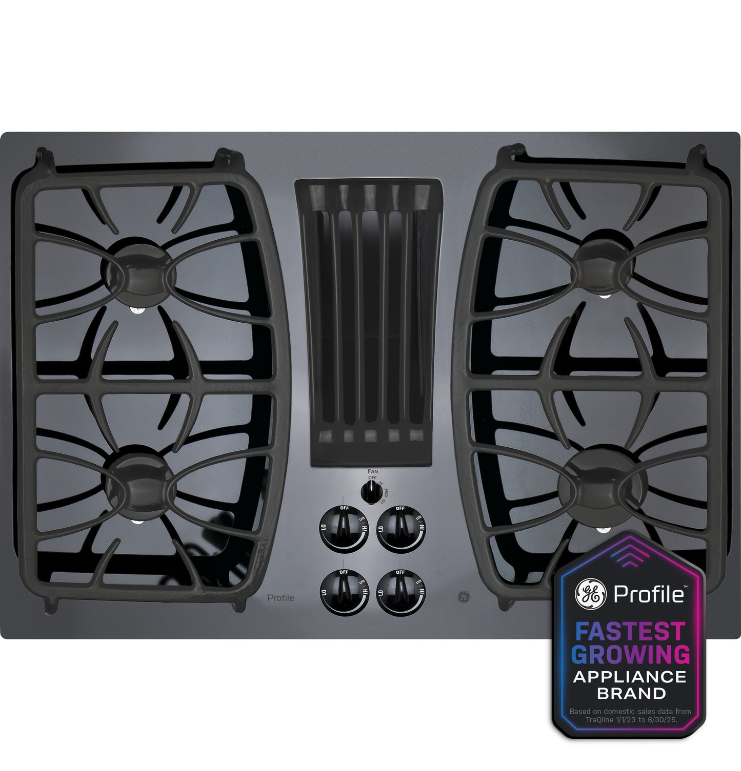 Built-in gas downdraft cooktop with four burners and central vent from Cooktops and Kitchen & Kitchenware collections