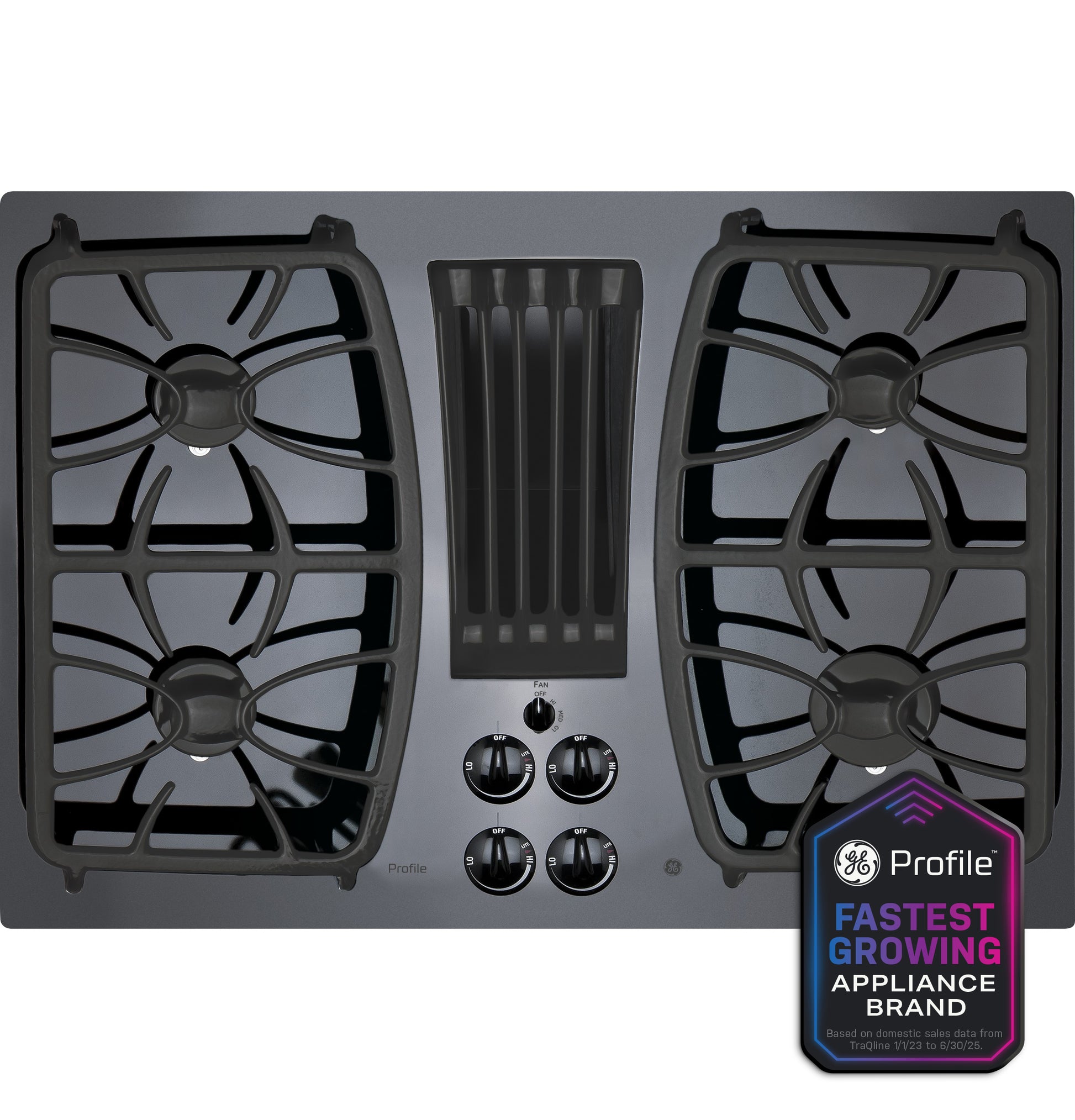 Built-in gas downdraft cooktop with four burners and central vent from Cooktops and Kitchen & Kitchenware collections