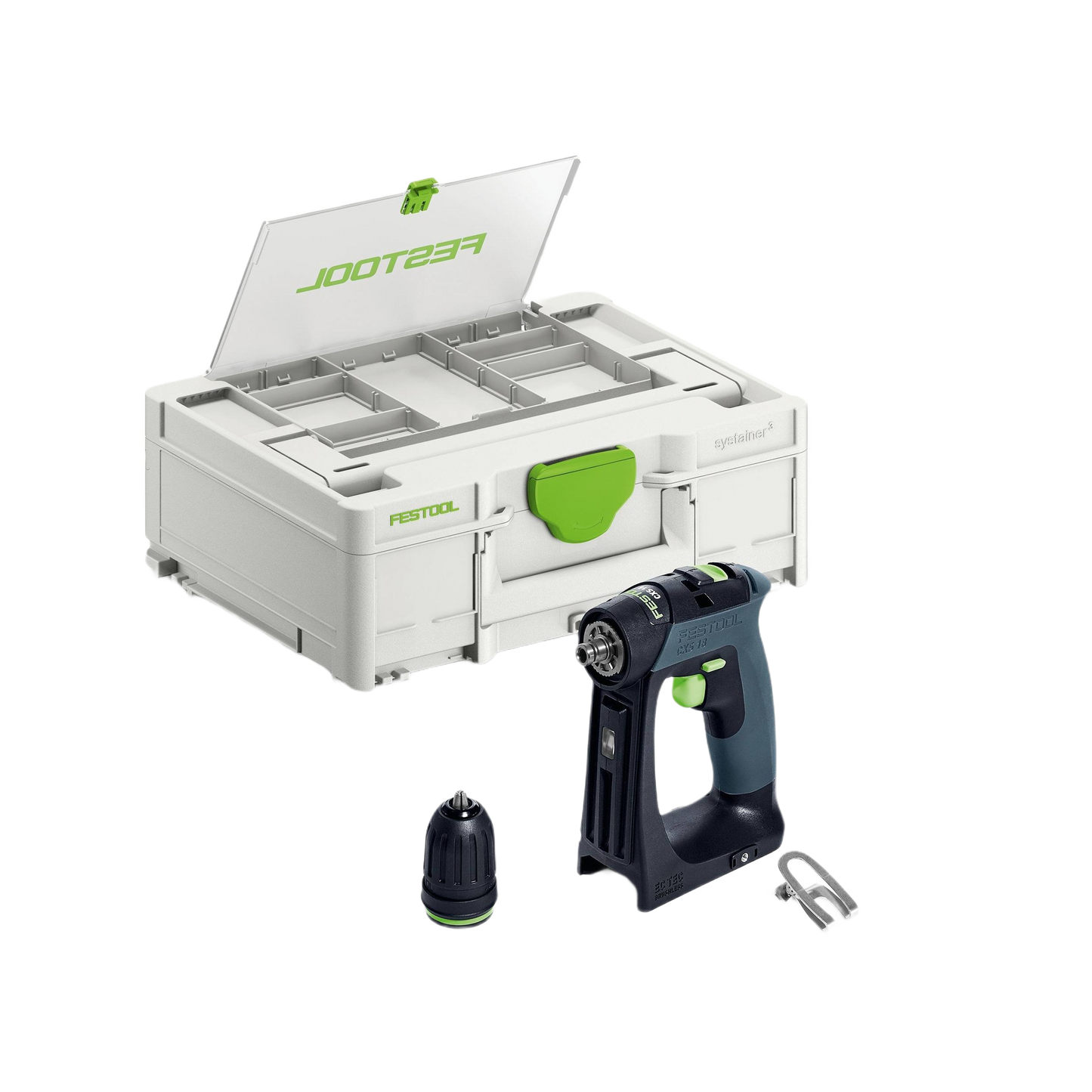 Compact cordless drill with detachable chuck and metal belt clip next to a white and green Festool storage case for power tools