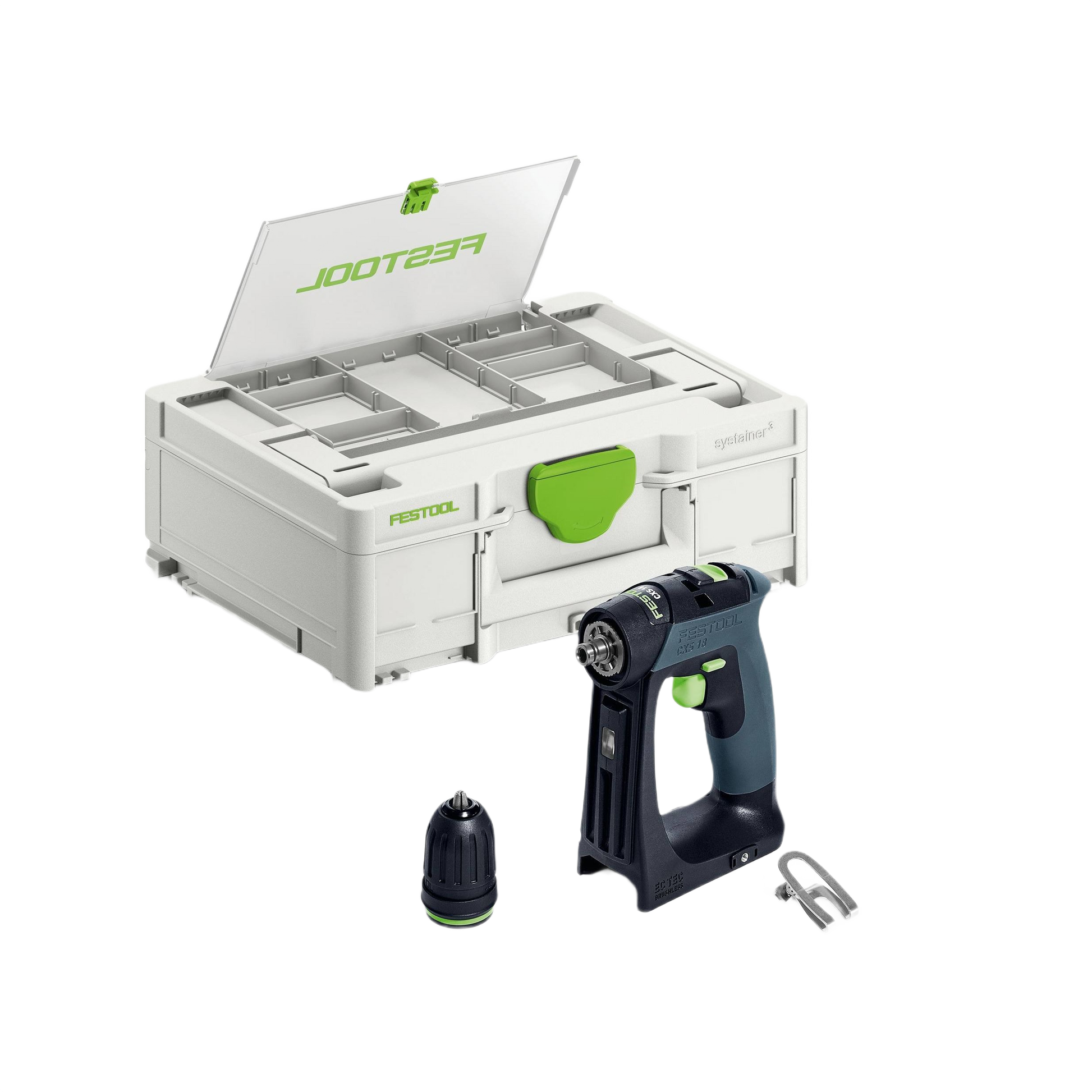 Compact cordless drill with detachable chuck and metal belt clip next to a white and green Festool storage case for power tools