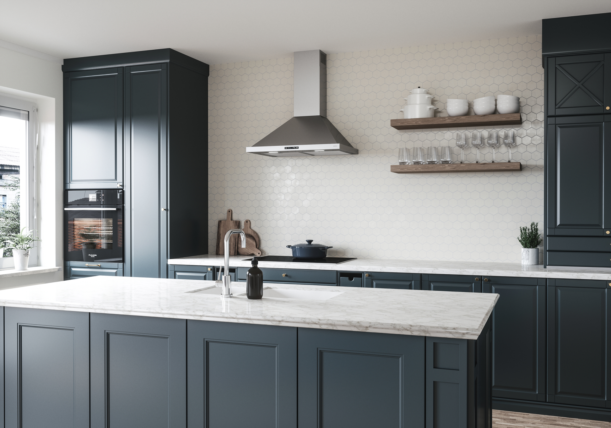 Modern kitchen featuring a stainless steel chimney range hood with LED lighting and capacitive touch controls from Over the Range Hoods collection