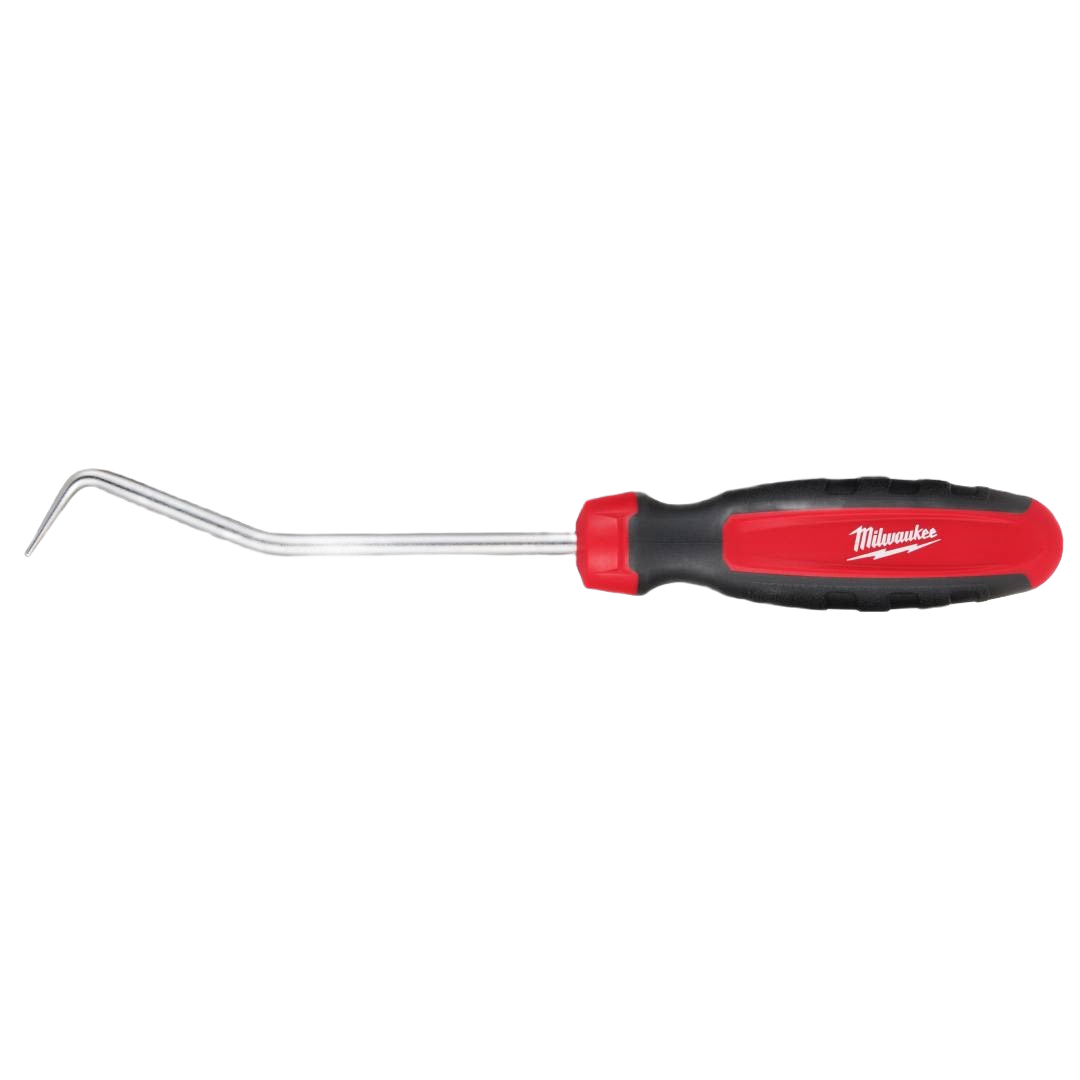 Red and black ergonomic handle pick tool with angled metal shaft for precision tasks in tools and home improvement