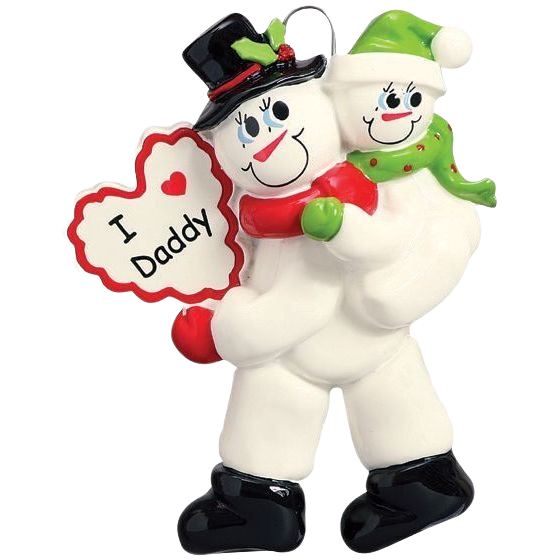 Snowman dad wearing black hat and boots hugging child snowman in green hat with I Love Daddy heart ornament under $50
