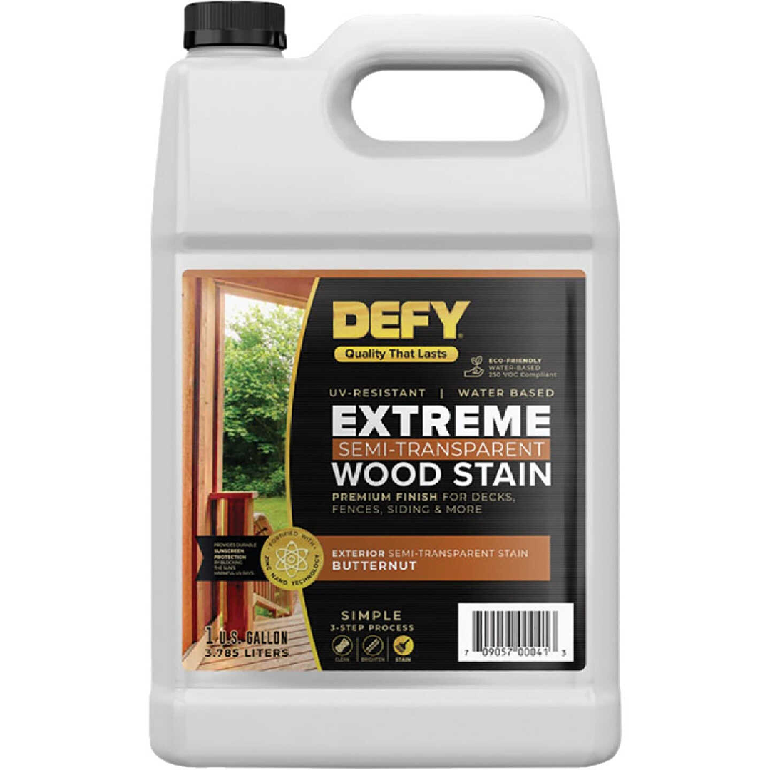 1-gallon container of butternut semi-transparent exterior wood stain for decks and siding in home improvement projects