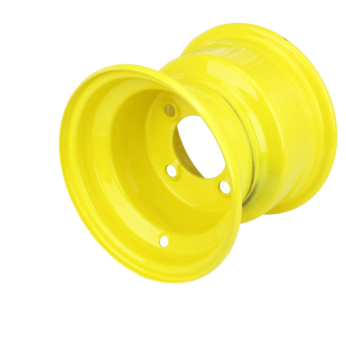 Bright yellow steel wheel rim designed for outdoor equipment and home improvement applications.