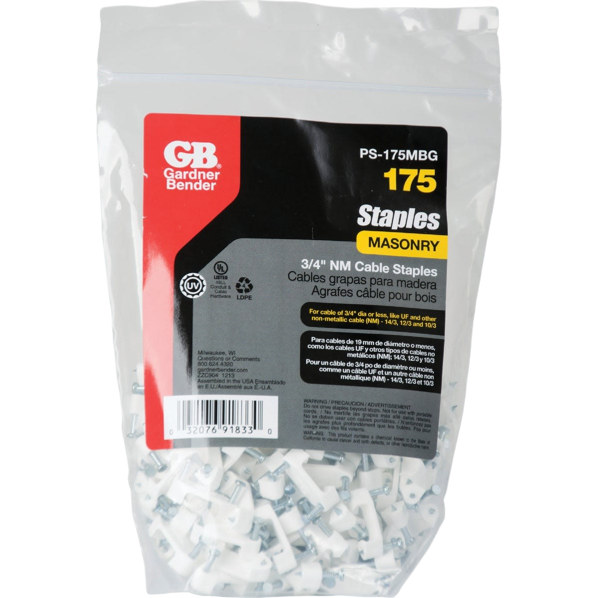Clear plastic bag of white 3/4 inch poly cable staples with 175-count for masonry and home improvement use