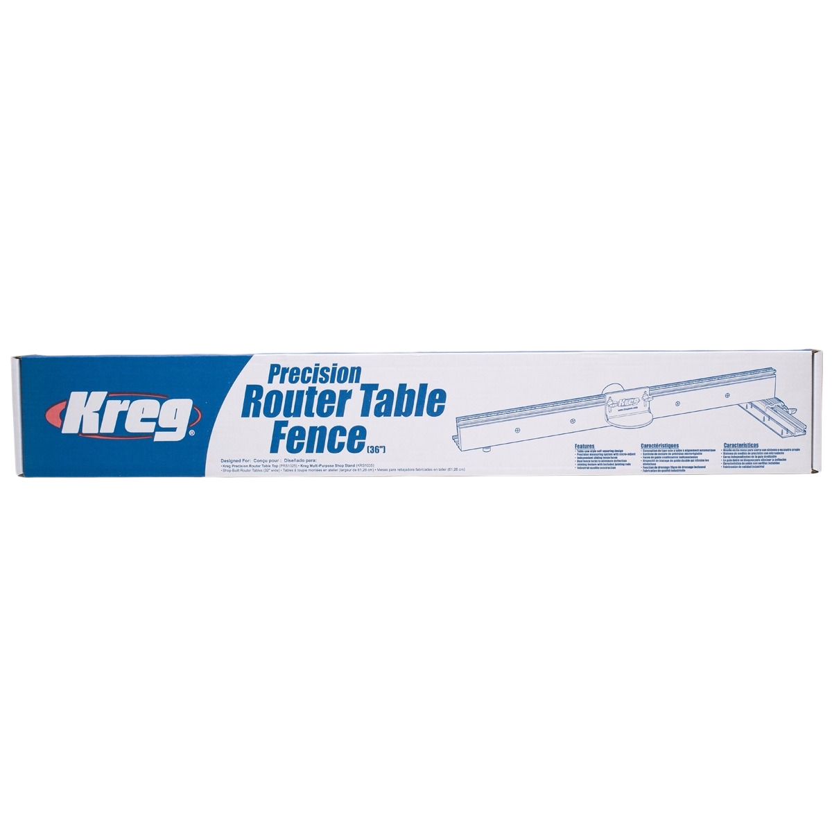 Long rectangular box packaging for precision wood router table fence tool accessory by Kreg in blue and white design