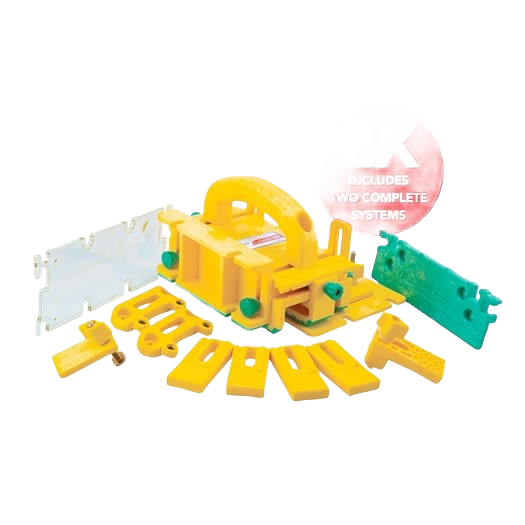 Yellow woodworking dowel jig kit with multiple guides and clamps for precision drilling in home improvement tools collections