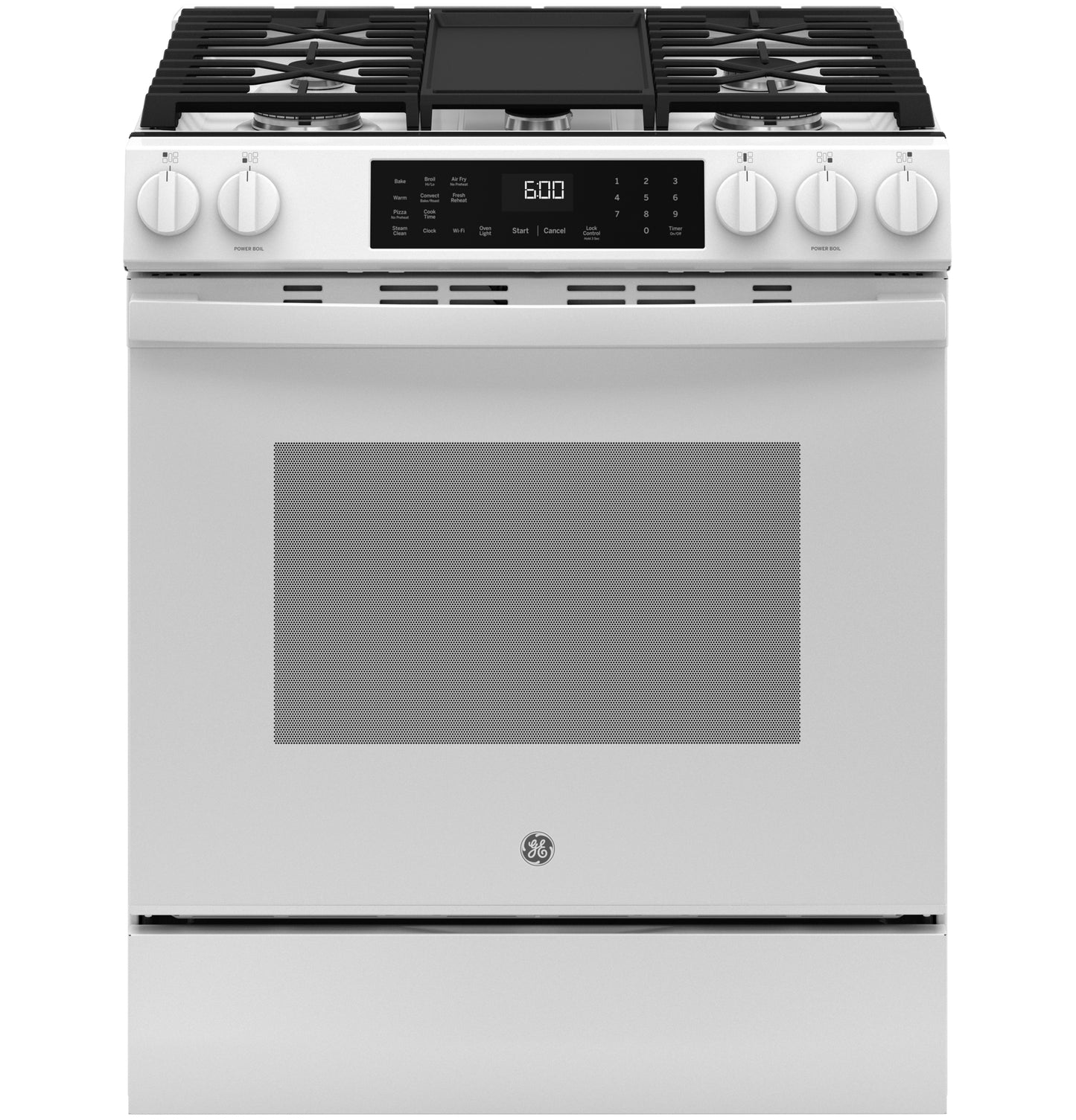 White slide-in gas range with front controls, convection oven, and five-burner cooktop in kitchen appliances collection