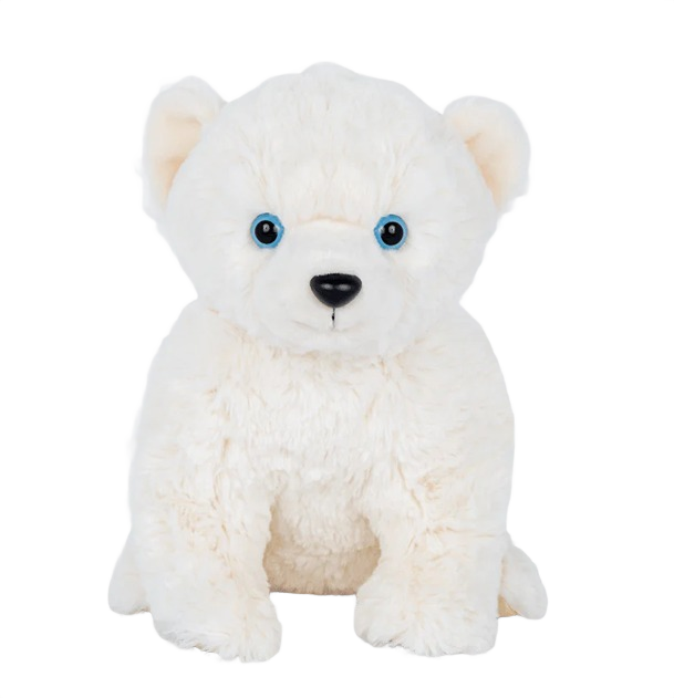 Plush white polar bear with blue eyes and black nose sitting upright with a soft, fluffy texture