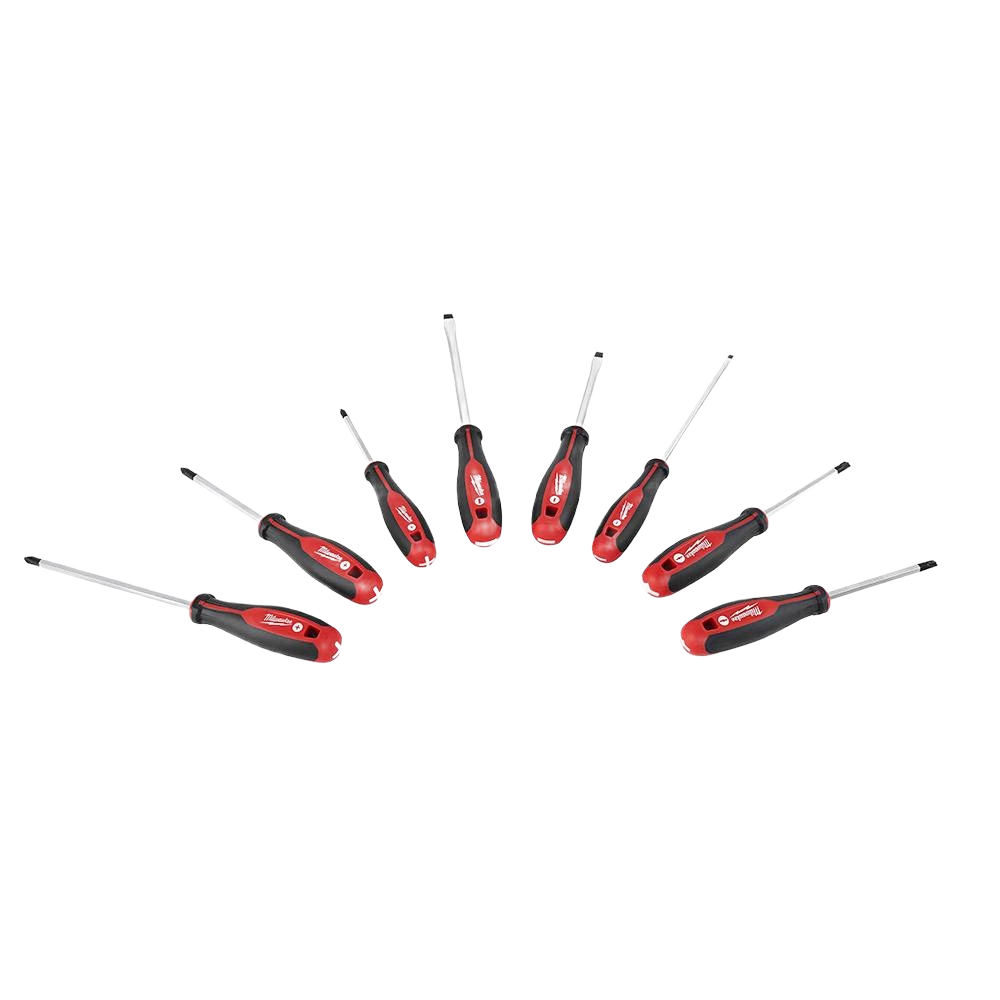 Eight-piece screwdriver set with red and black ergonomic handles for precision and comfort in home improvement tasks