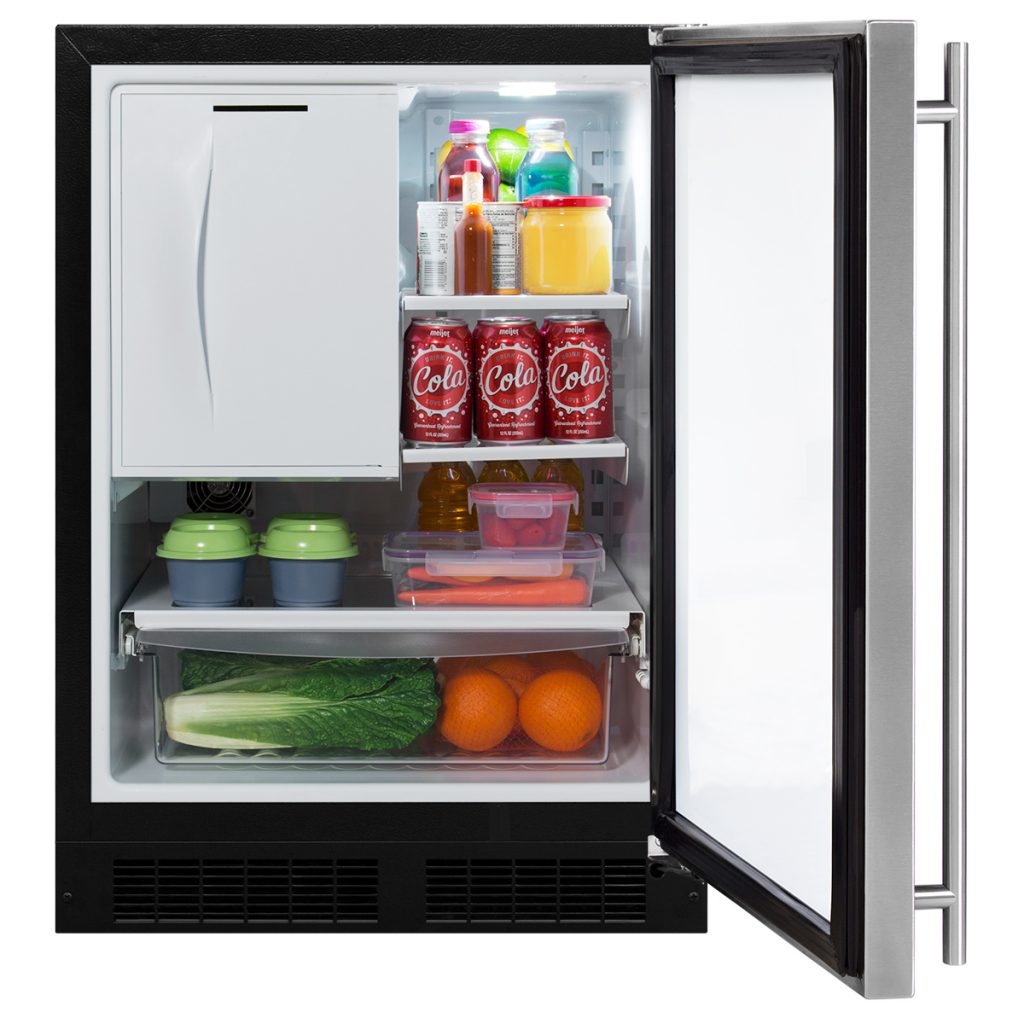 Compact undercounter refrigerator with ice maker, beverage cans, produce drawer, and adjustable interior shelving from appliances collection